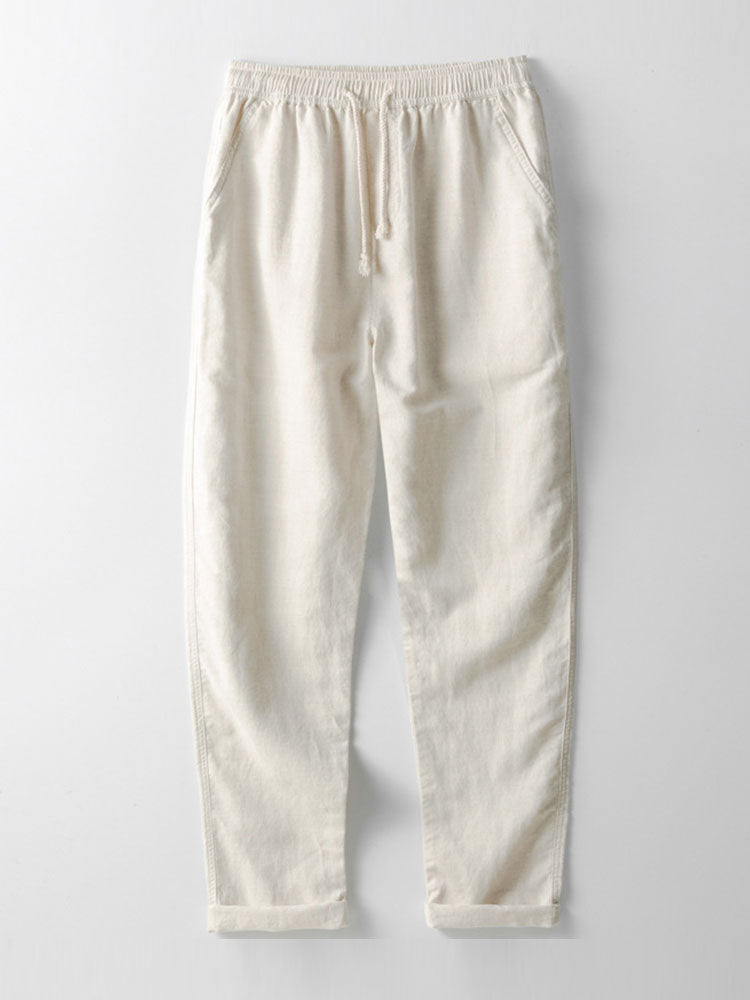 Striped Knit Johnny Collar Polo & Straight Leg Linen Pants
