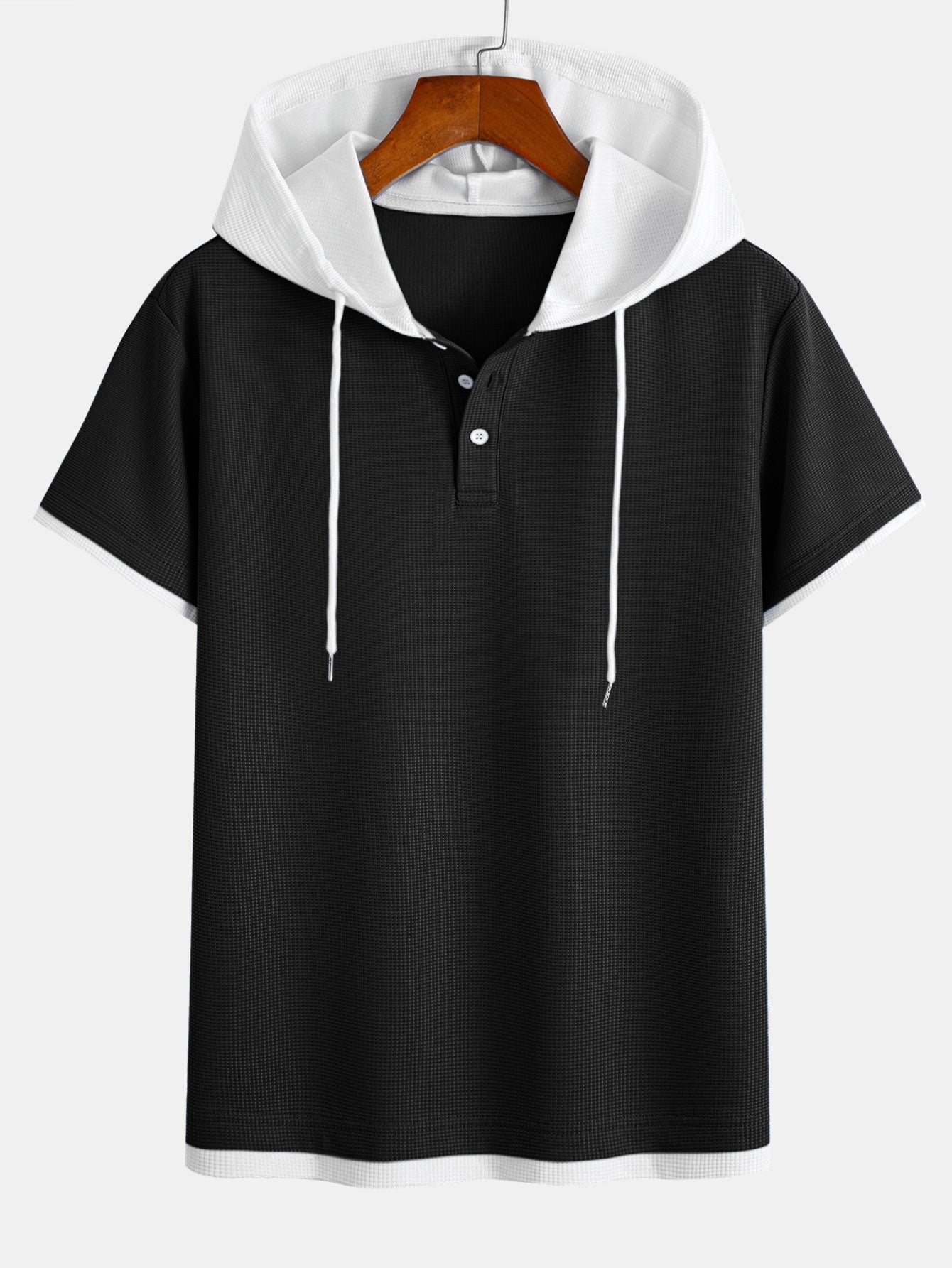 Contrast Button-Placket Waffle Hooded T-Shirt & 2 In 1 Waffle 7″ Shorts