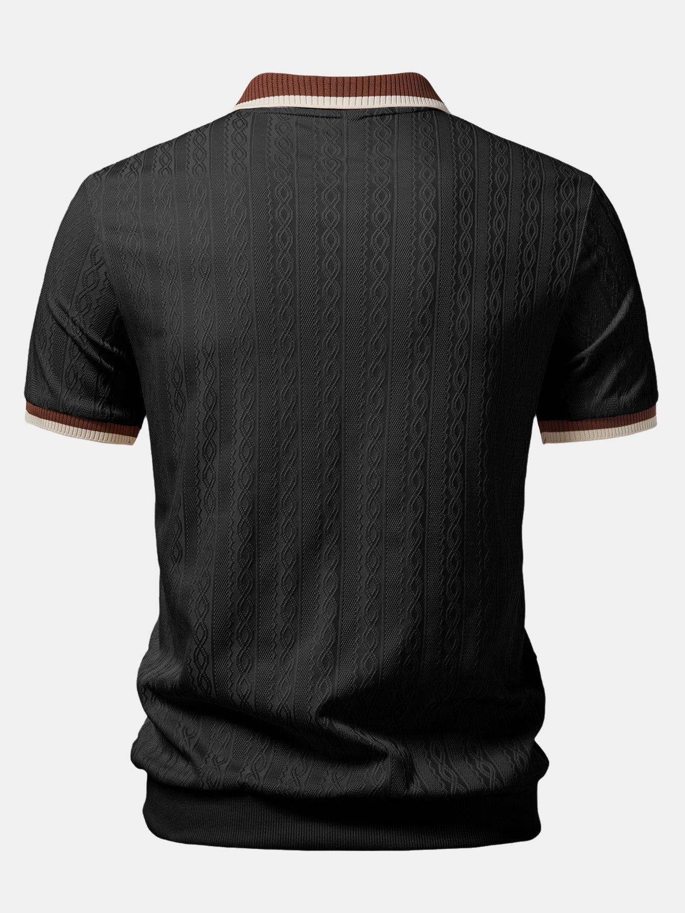 Contrast Trim Textured Zipper Knit Polo & Elastic Waist Chino Shorts