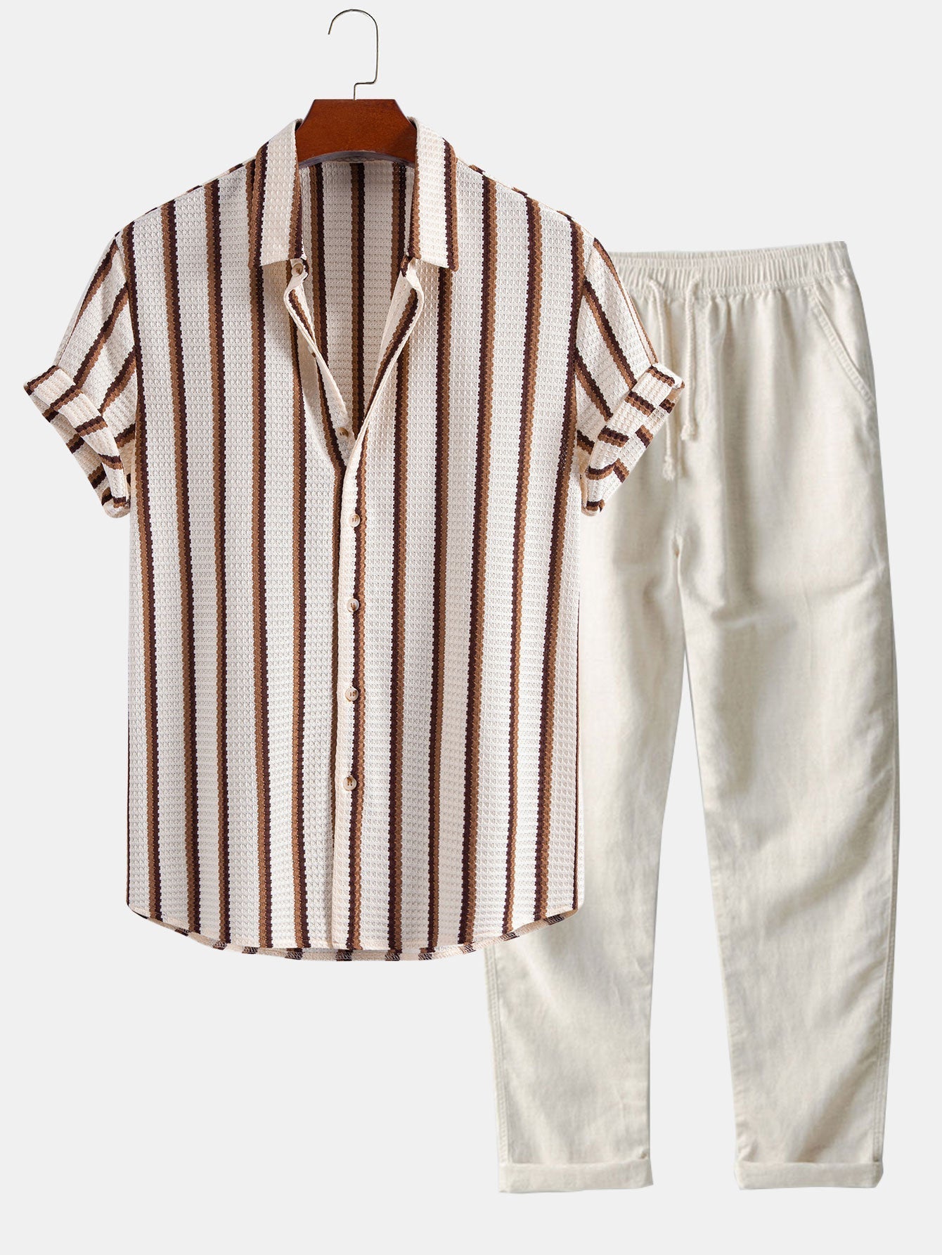 Stripe Waffle Button Up Shirt & Straight Leg Linen Pants