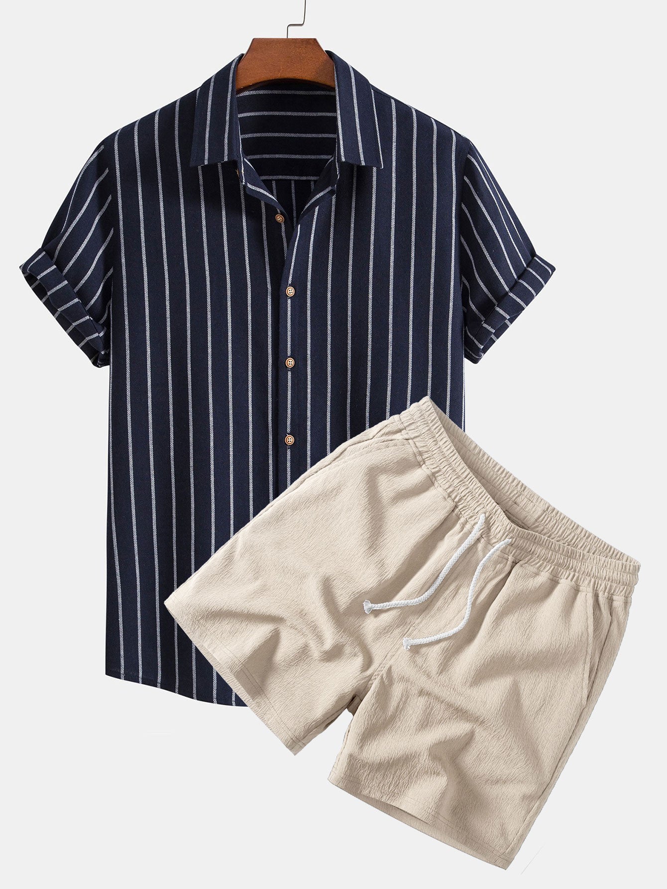 Cotton Blend Striped Button Up Shirt & Crinkle Textured Drawstring 5" Shorts