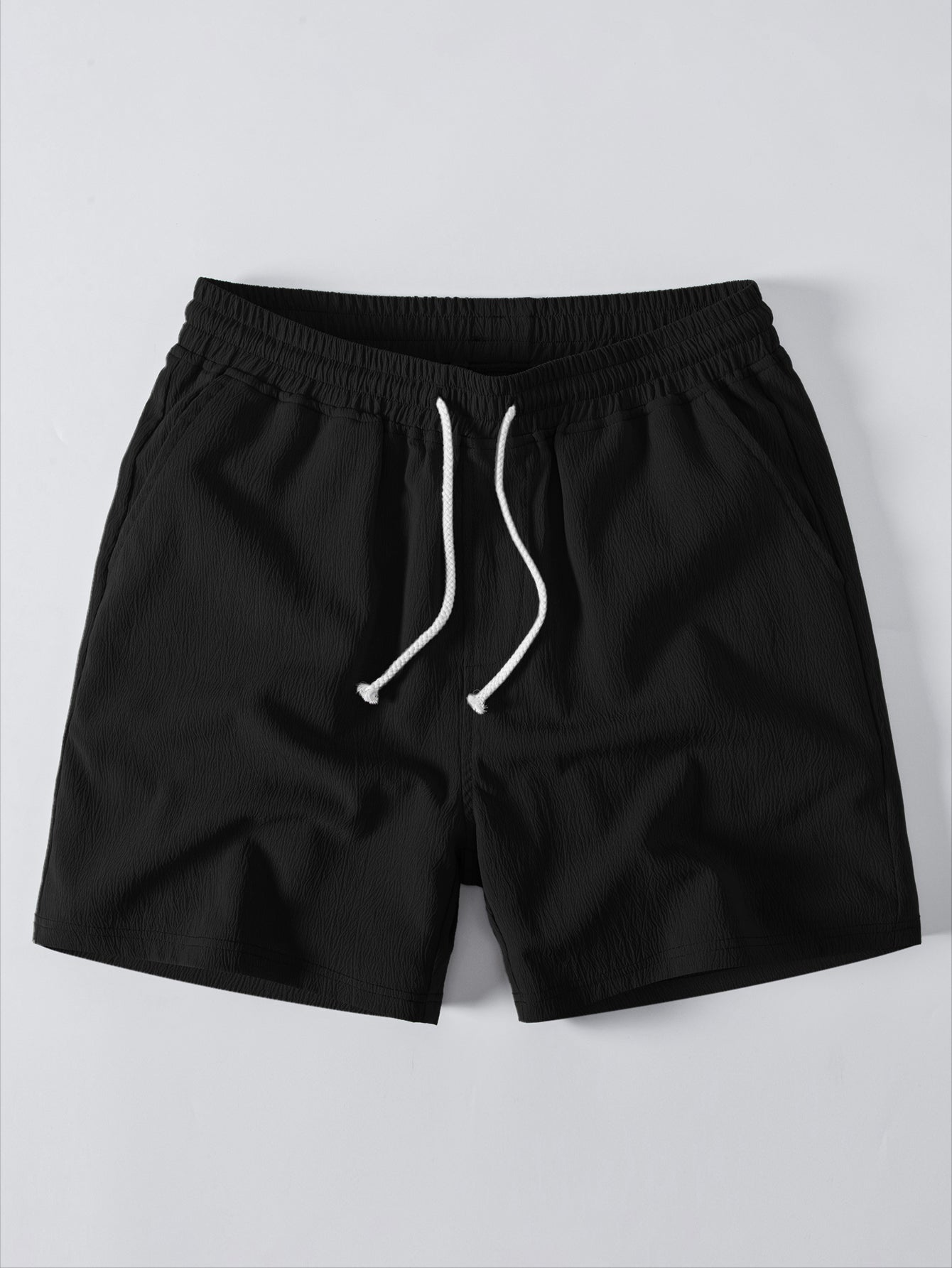 Textured Striped Button Up Shirt & Crinkle Textured Drawstring 5" Shorts