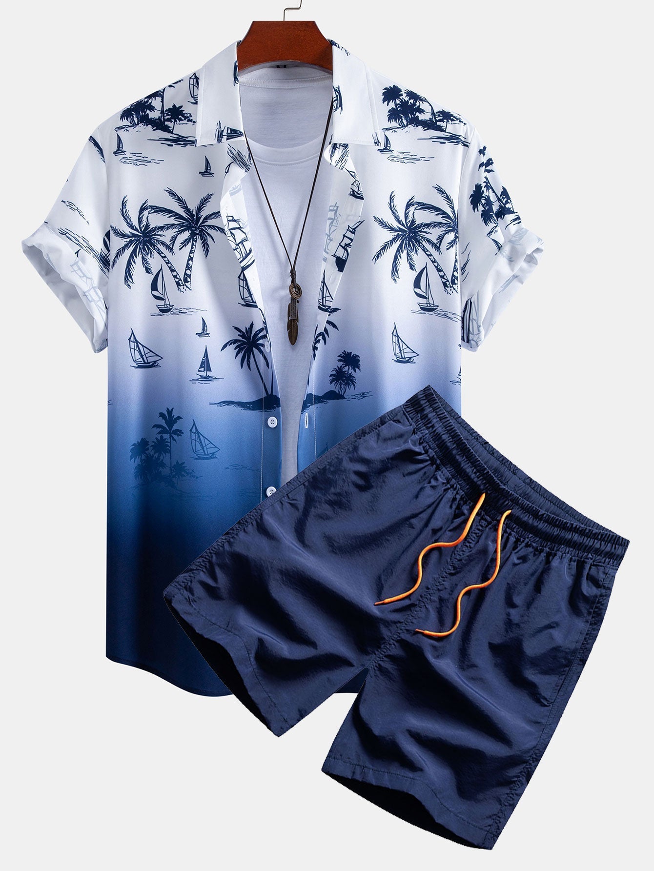 Gradient Island Palm Tree Print Shirt & Swim Shorts