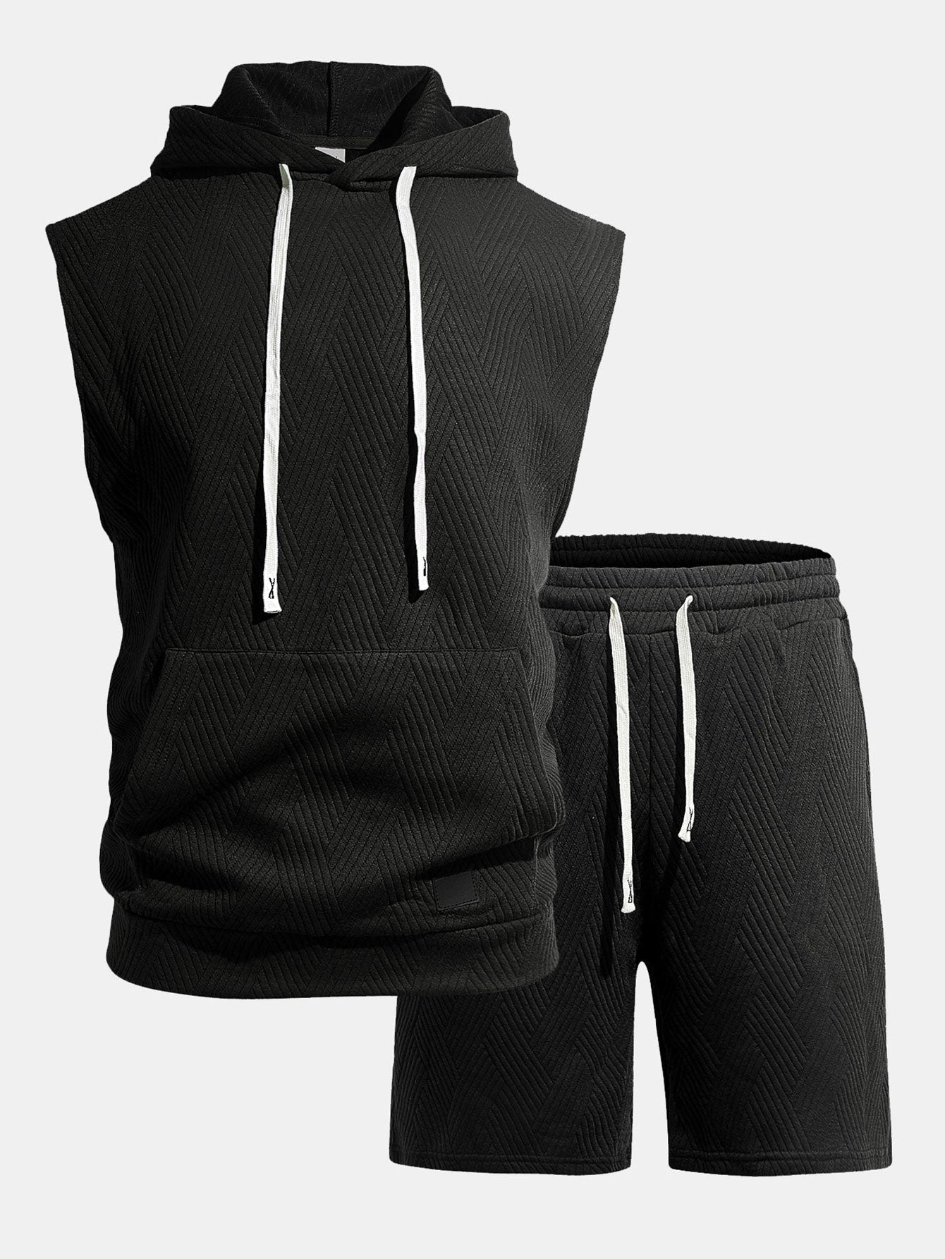 Stripe Textured Sleeveless Hooded T-Shirt & Drawstring Shorts Set