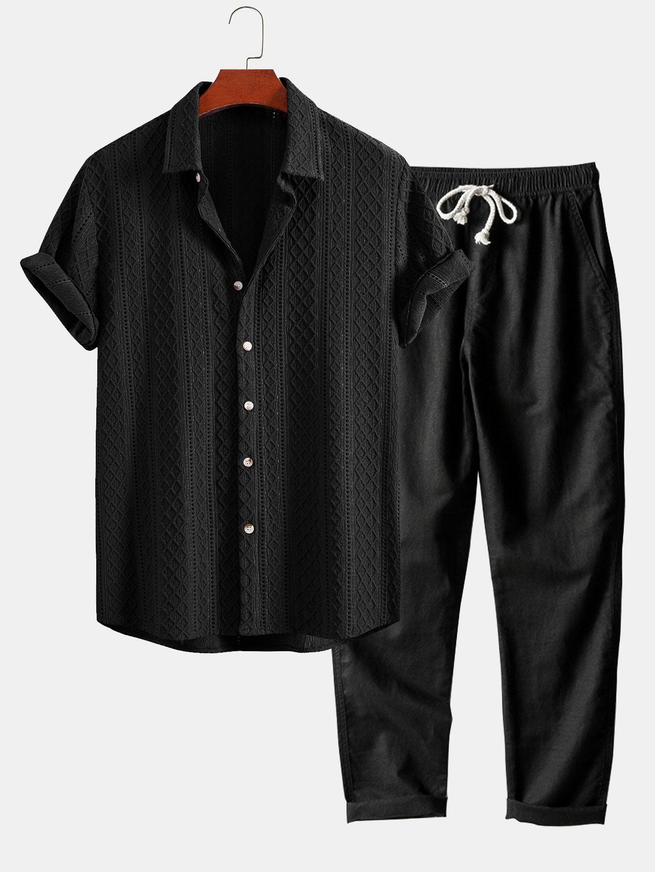 Geometry Rhombus Jacquard Button Up Shirt & Straight Leg Linen Pants