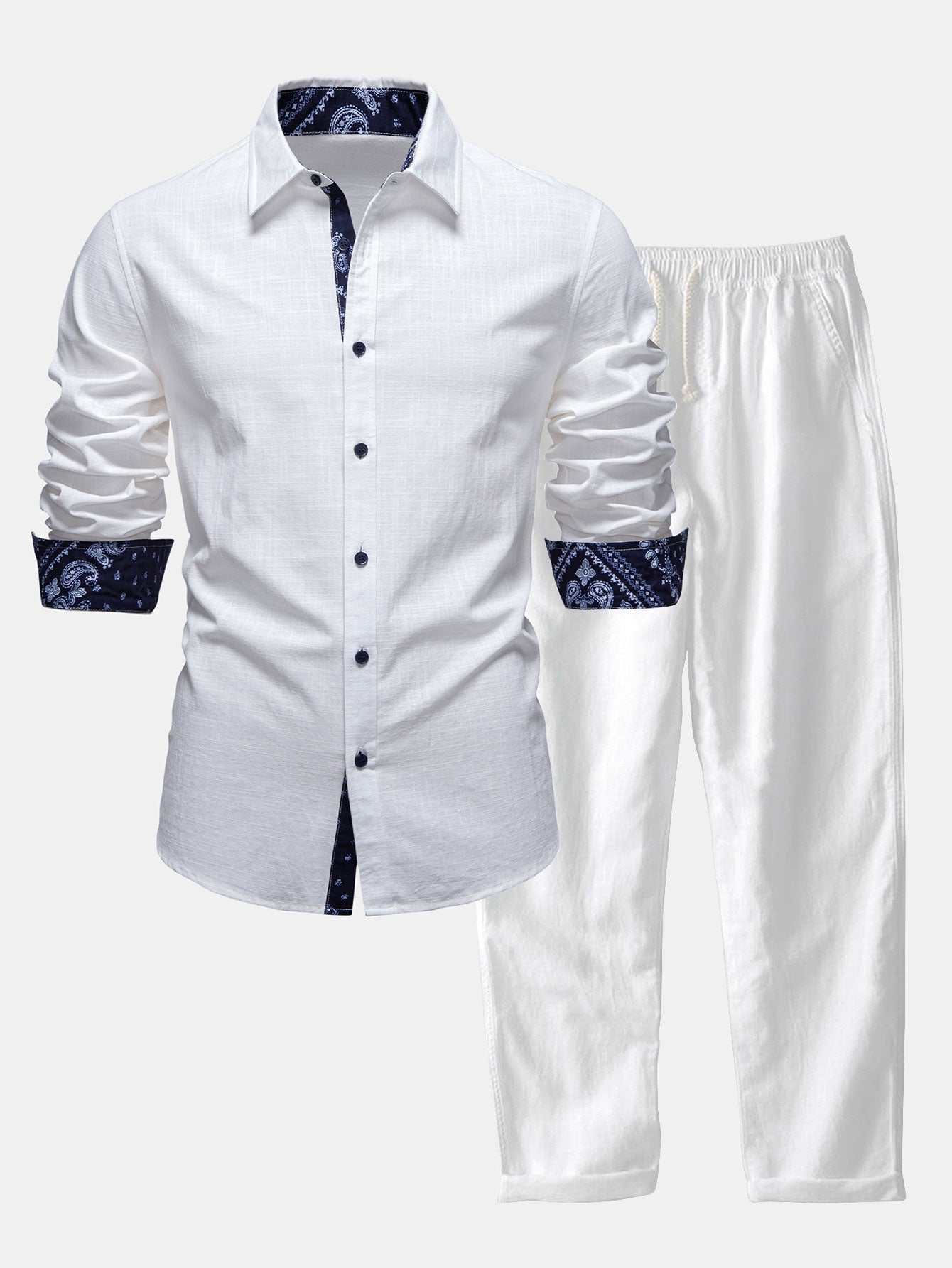 Contrast Paisley Print Linen Look Shirt & Straight Leg Linen Pants