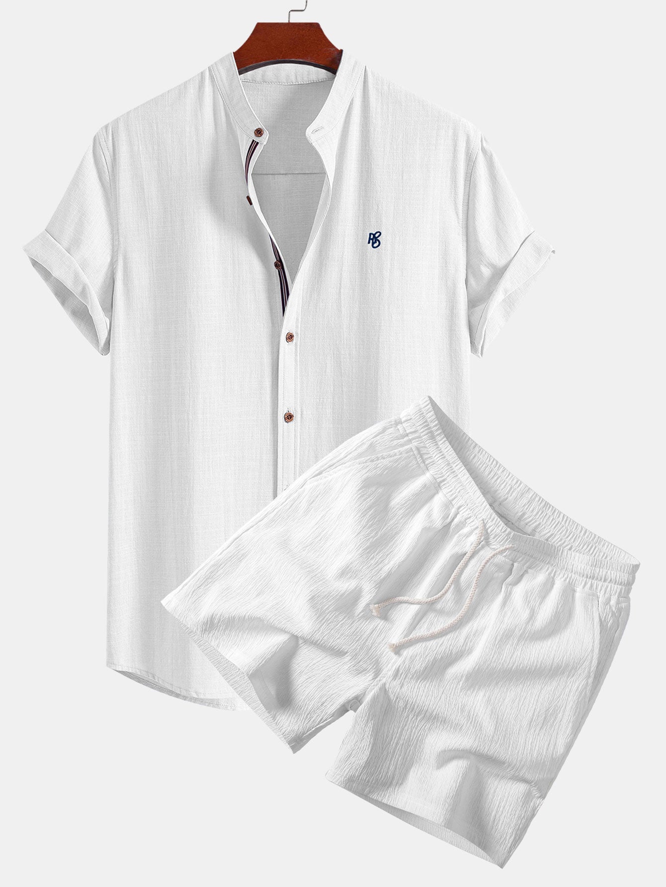 Short Sleeve Linen Look Stand Collar Shirt & Crinkle Textured Drawstring 5" Shorts
