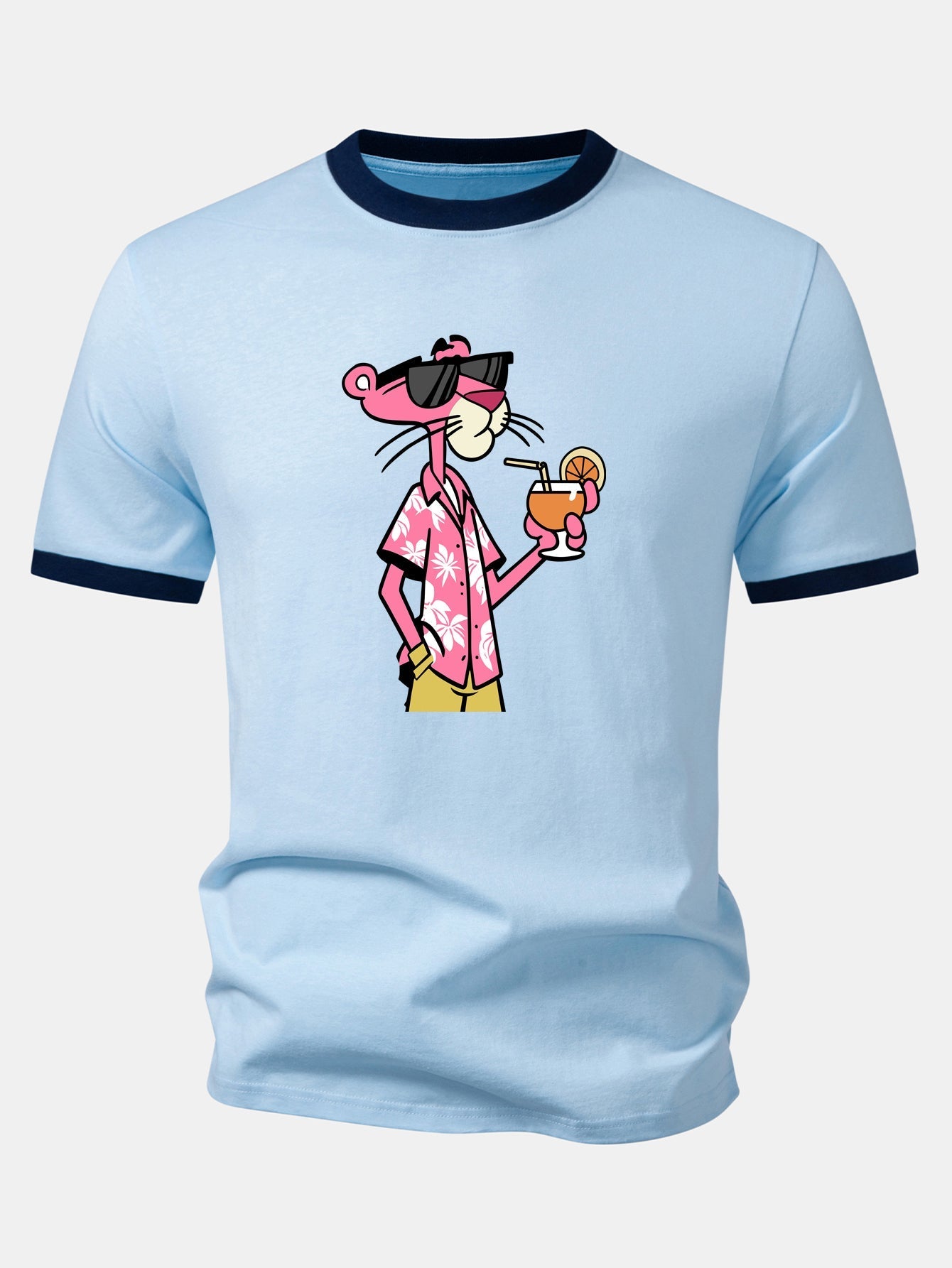 Vacation Pink Panther Print Contrast Ringer T-Shirt & Zip Pocket Swim Shorts