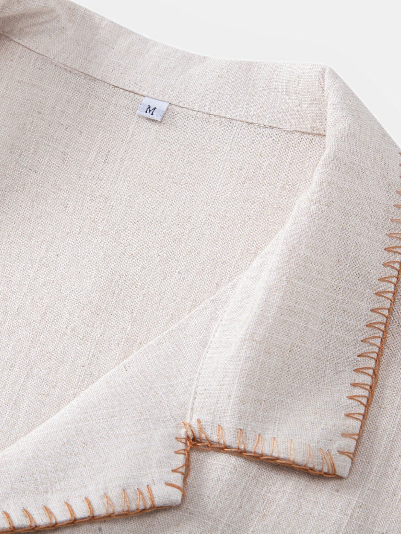 Contrast Stitching Linen Rayon Blend Cuban Shirt & Crinkle Textured Drawstring 5" Shorts