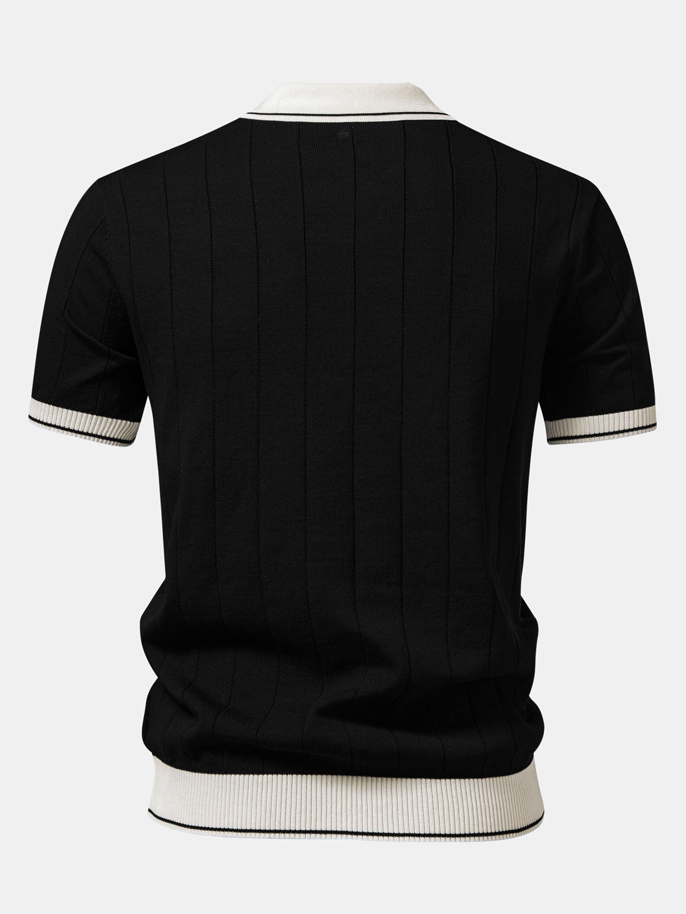 Contrast Trim Ribbed Johnny Collar Knit Polo & Elastic Waist Chino Shorts