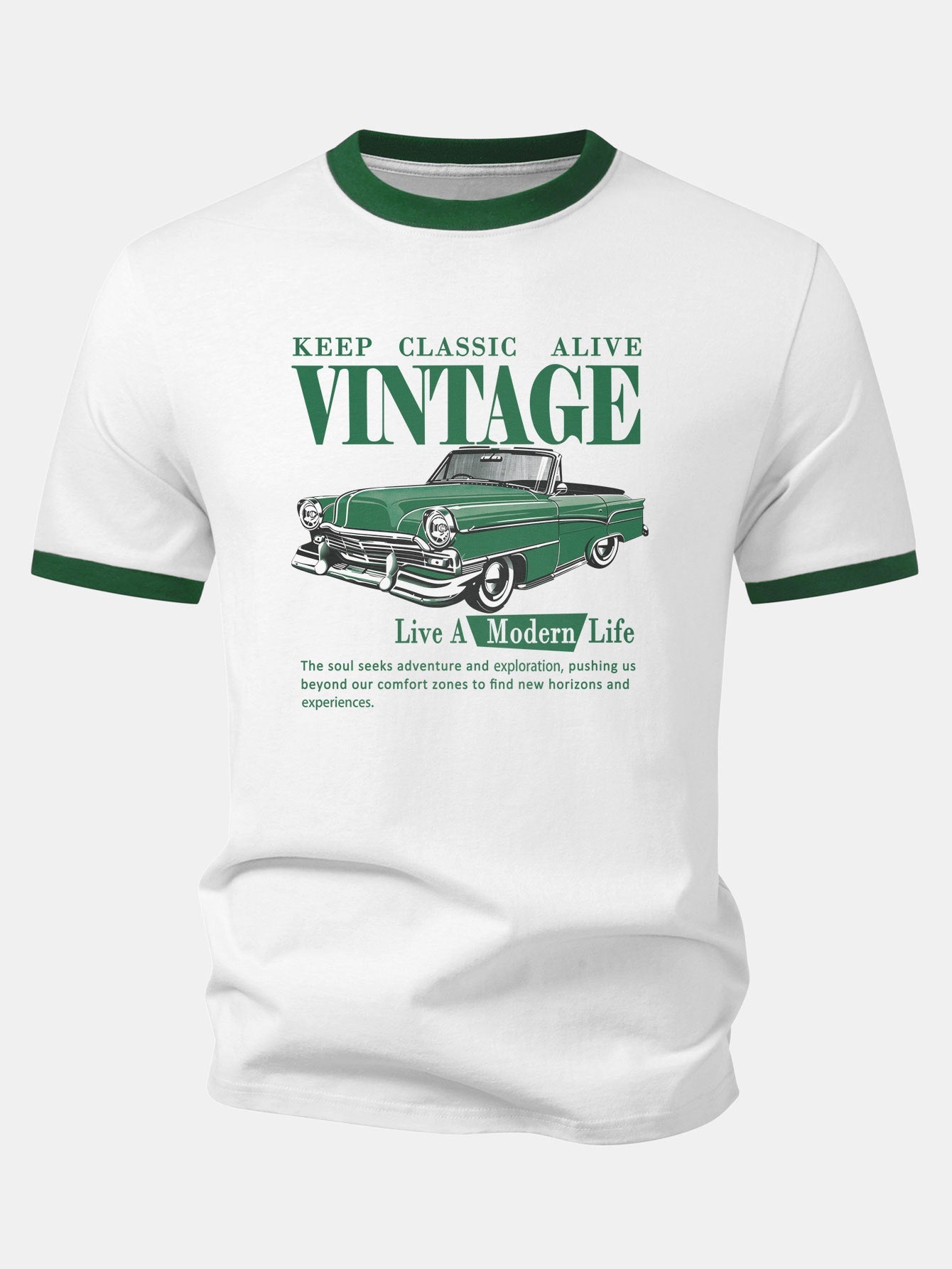 Vintage Car Print Contrast Ringer T-Shirt & Cotton Drawstring 7" Shorts