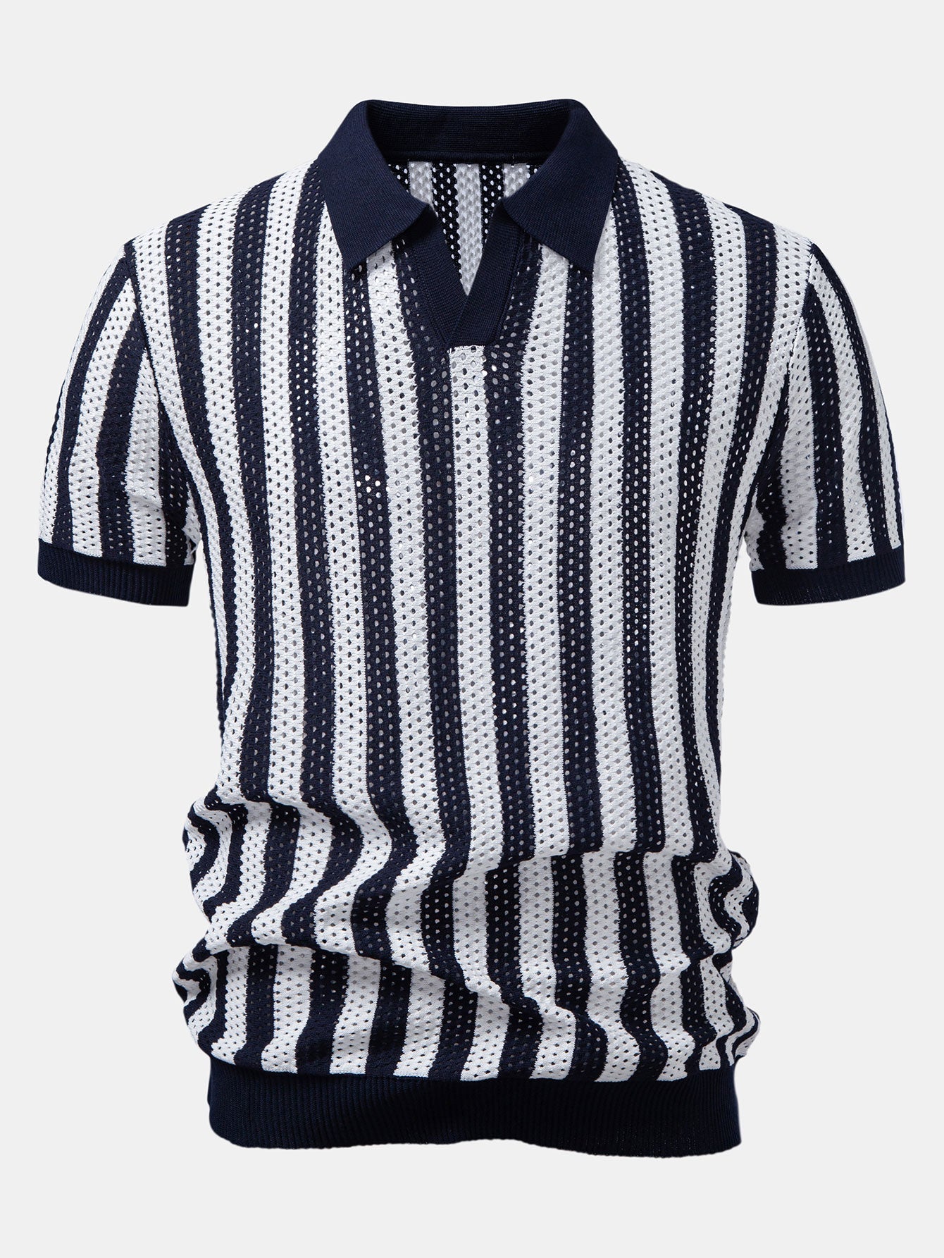 Stripe Johnny Collar Open Knit Polo & Straight Leg Linen Pants