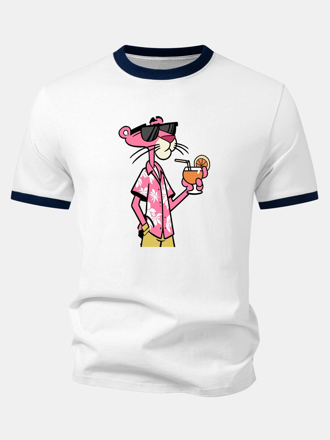 Vacation Pink Panther Print Contrast Ringer T-Shirt & 5" Drawstring Corduroy Shorts