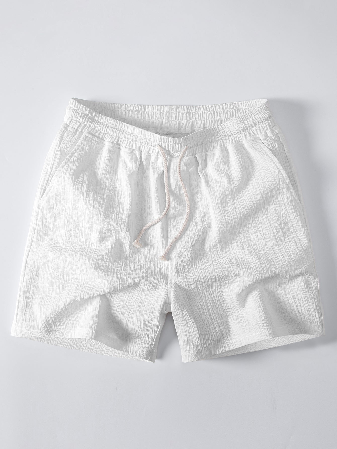 Textured Striped Button Up Shirt & Crinkle Textured Drawstring 5" Shorts