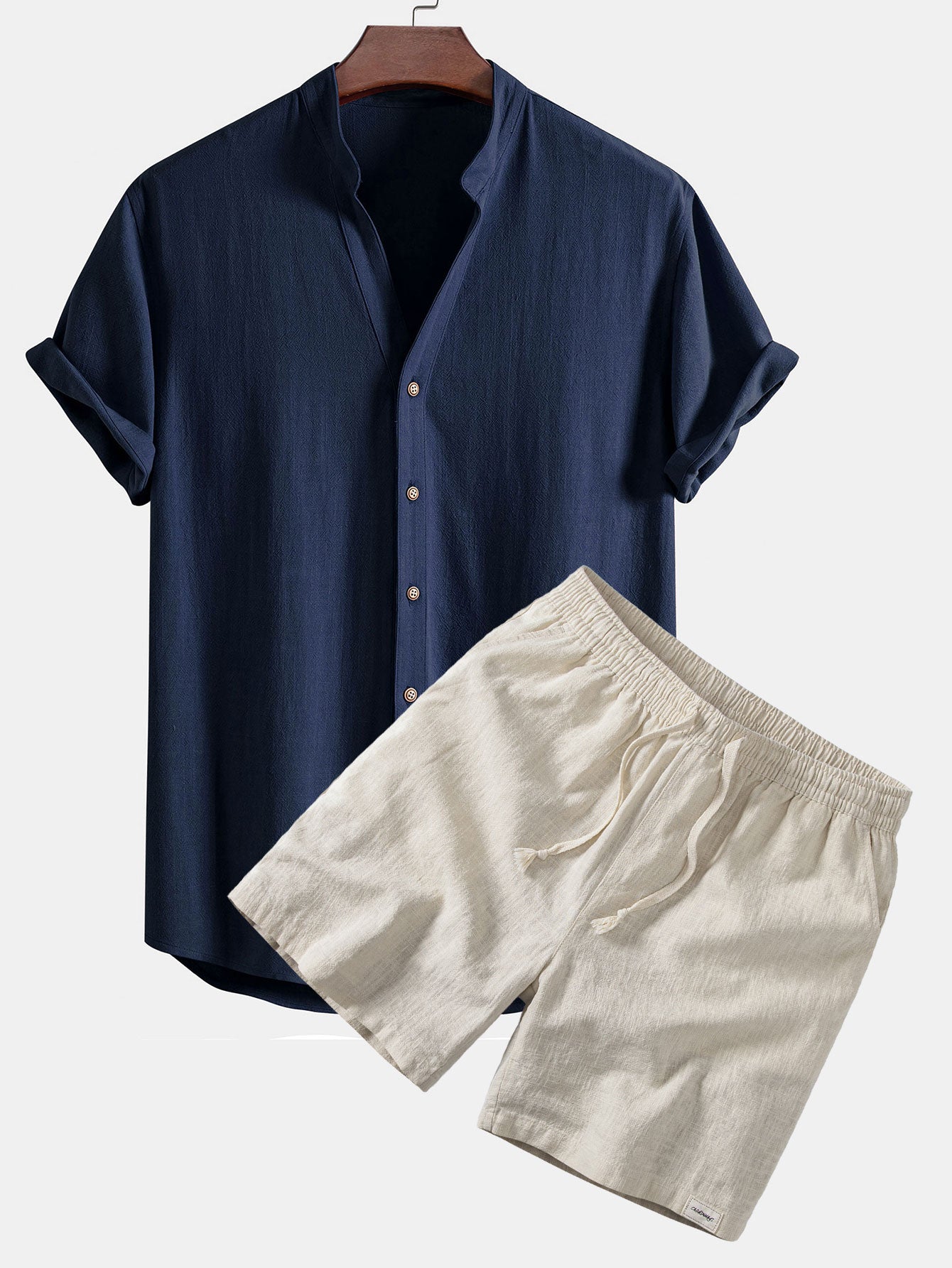 Short Sleeve V Neck Linen Rayon Blend Shirt & Linen Blend Drawstring 7" Shorts