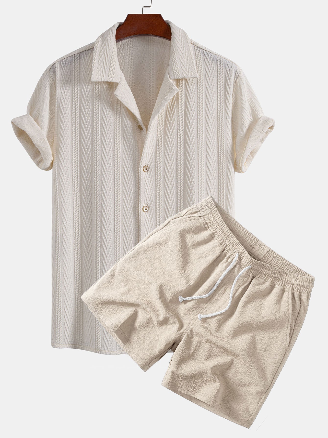 Texture Jacquard Cuban Shirt & Crinkle Textured Drawstring 5" Shorts