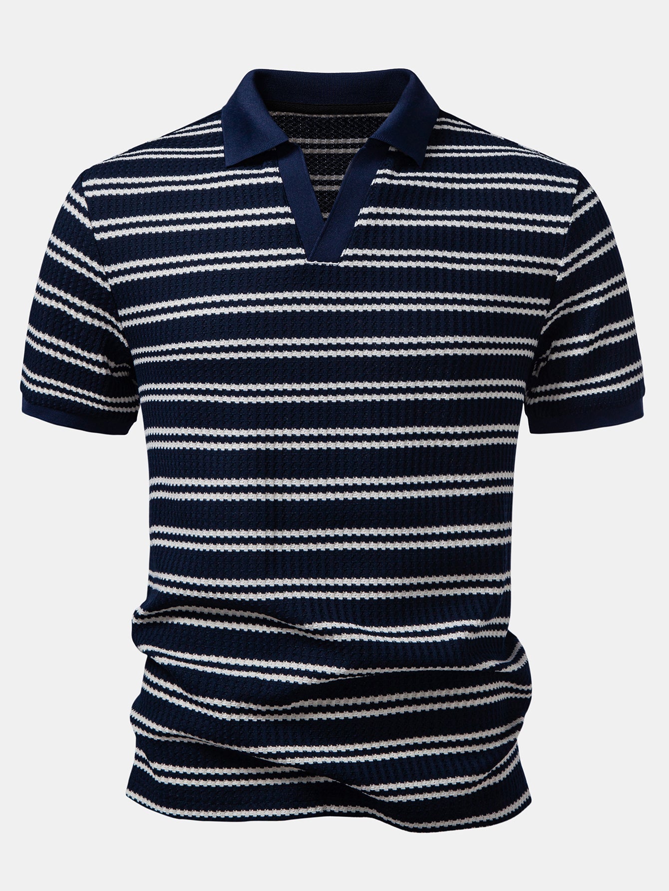 Stripe Waffle Johnny Collar Polo & Straight Leg Linen Pants