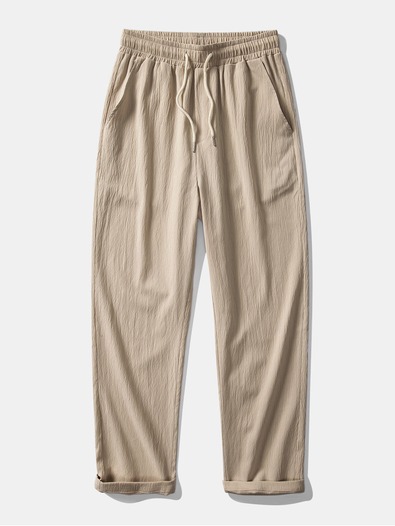 Short Sleeve Linen Look Button Up Shirt & Crinkle Textured Straight Leg Pants