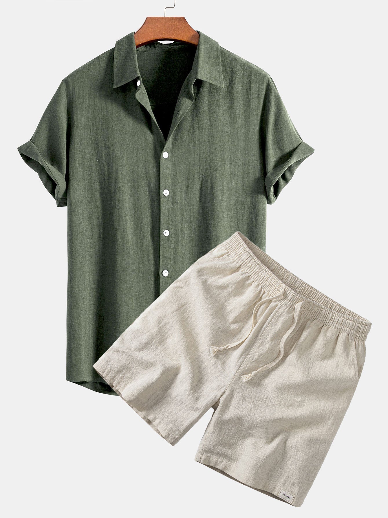 Linen Rayon Blend Button Up Shirt & Linen Blend Drawstring 7" Shorts
