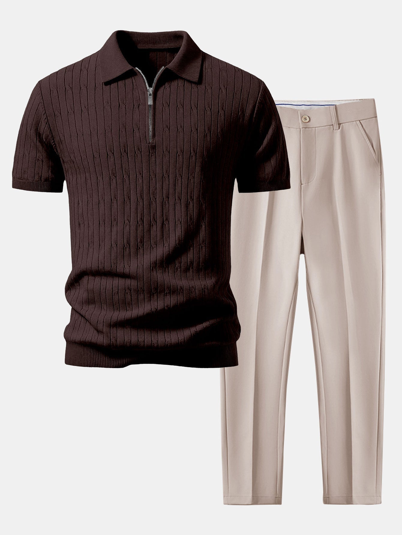 Twisted Jacquard Zipper Knit Polo & Slim Fit Tapered Trousers