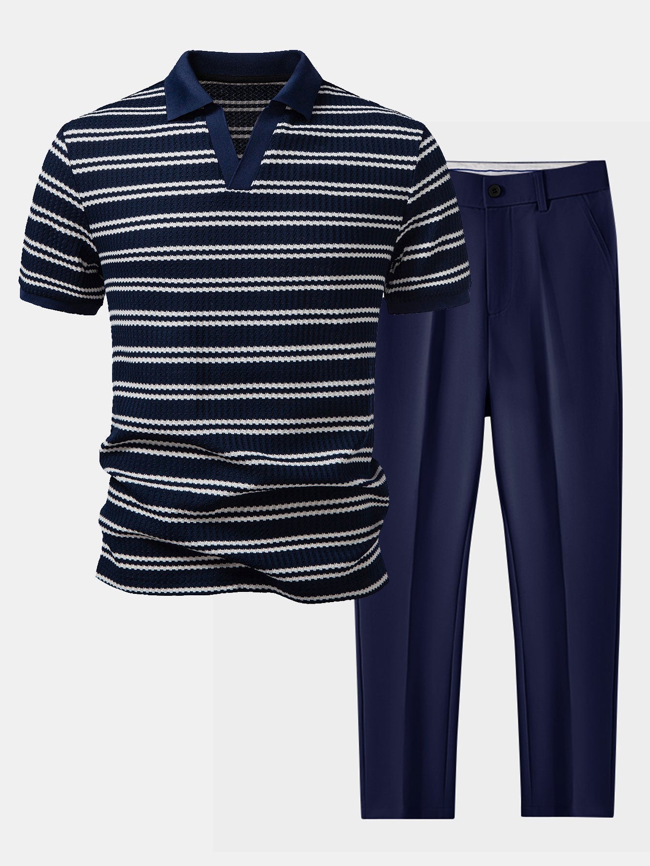 Stripe Waffle Johnny Collar Polo & Slim Fit Tapered Trousers