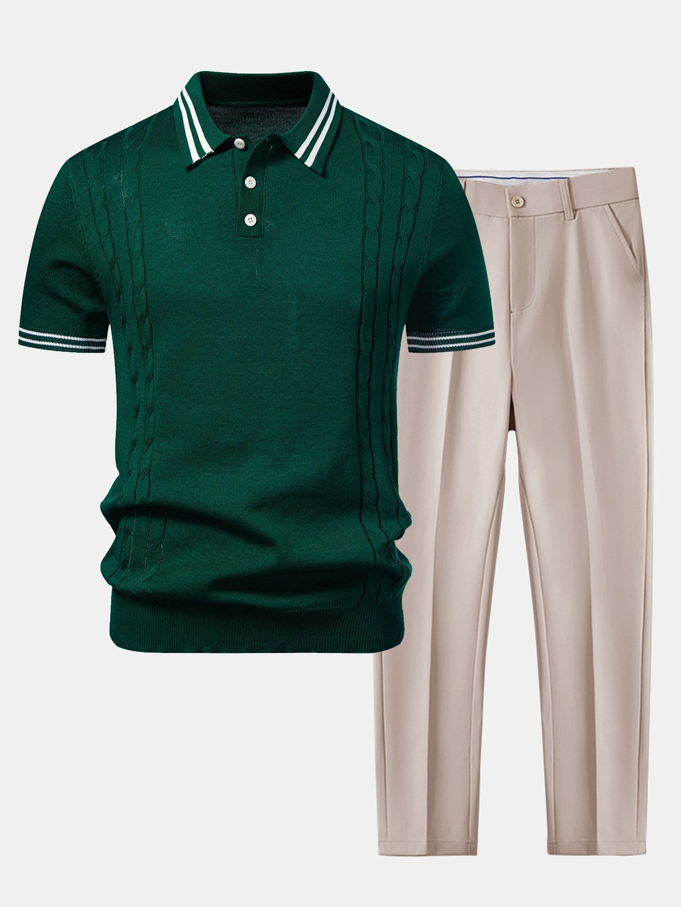 Contrast Trim Twisted Jacquard Knit Polo & Slim Fit Tapered Trousers