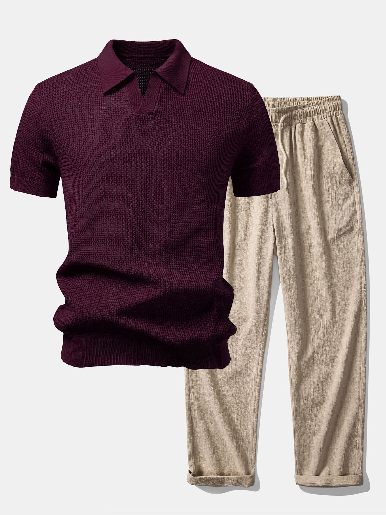 Textured Johnny Collar Crocheted Knit Polo & Crinkle Textured Straight Leg Pants