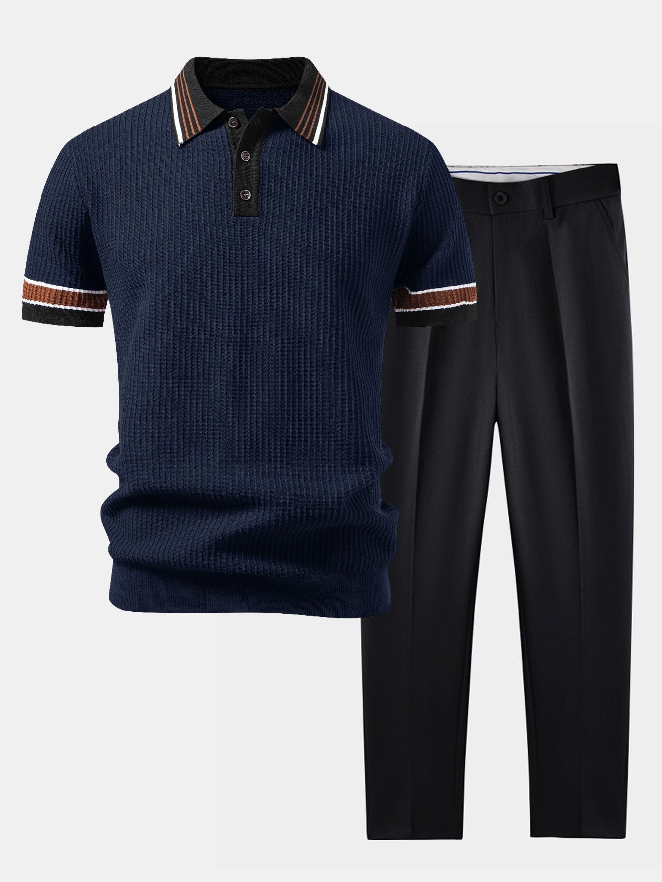 Contrast Stripe Trim Waffle Knit Polo & Slim Fit Tapered Trousers