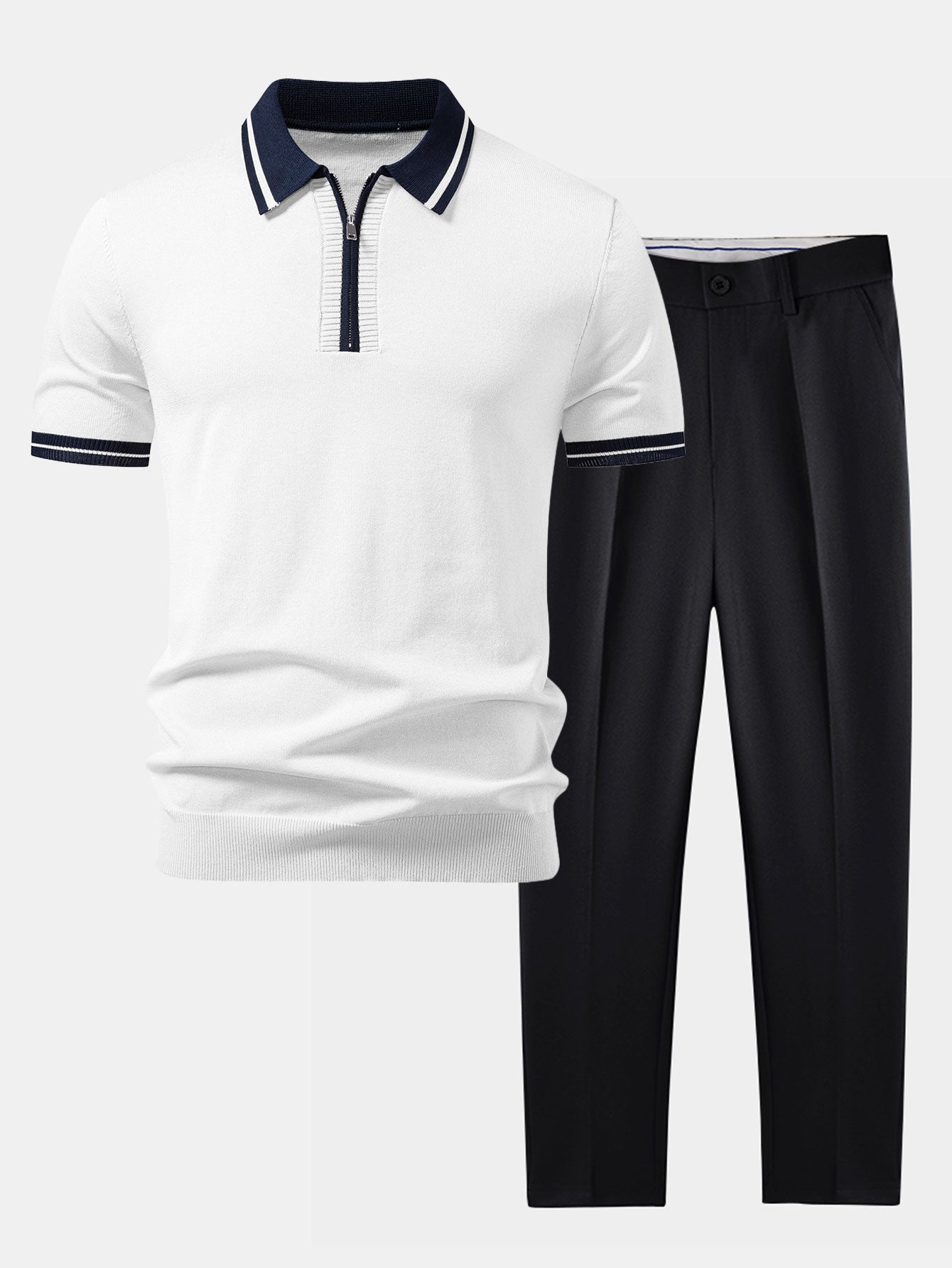 Contrast Trim Zipper Knit Polo & Slim Fit Tapered Trousers