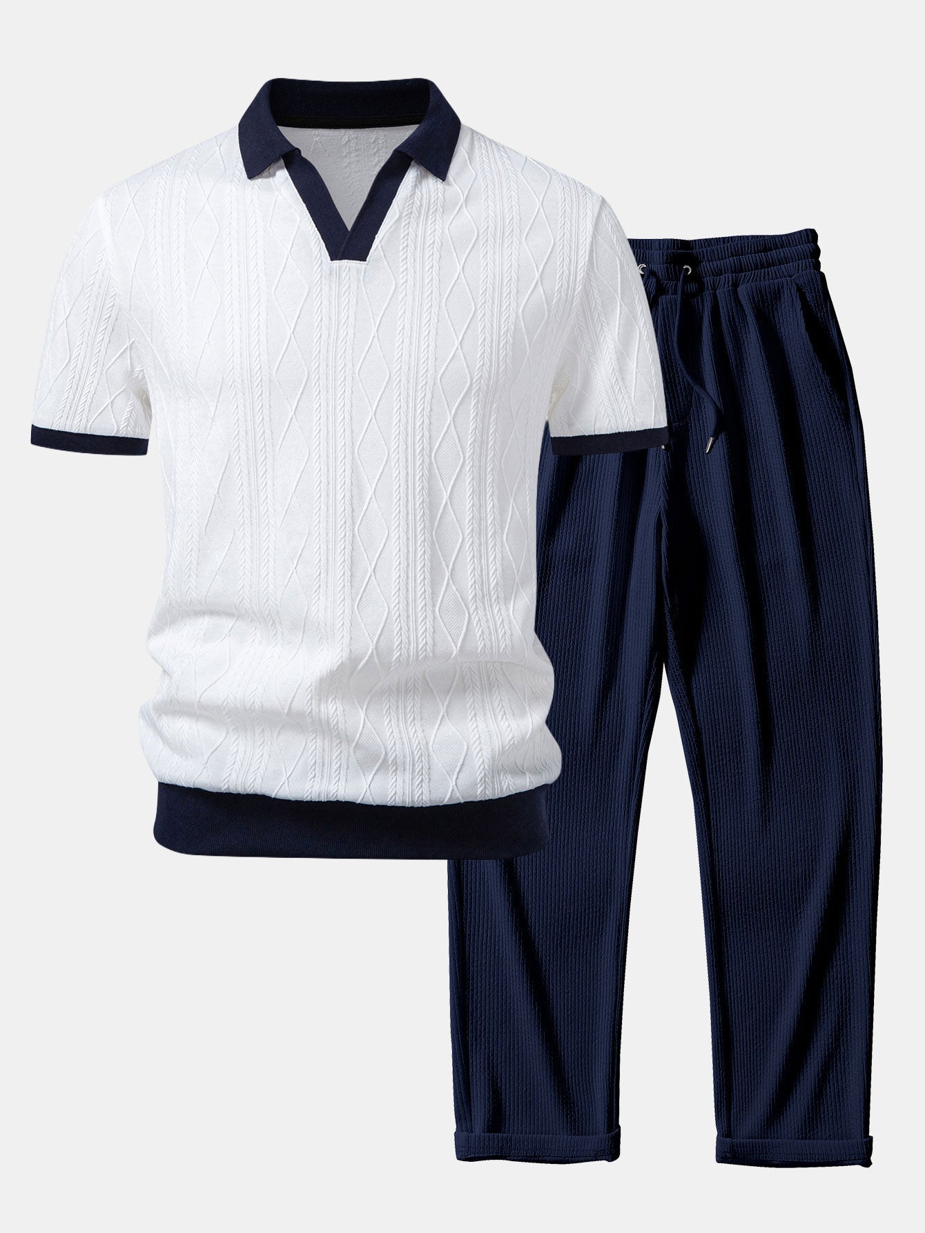 Contrast Geometry Jacquard Knit Polo & Straight Leg Ribbed Pants