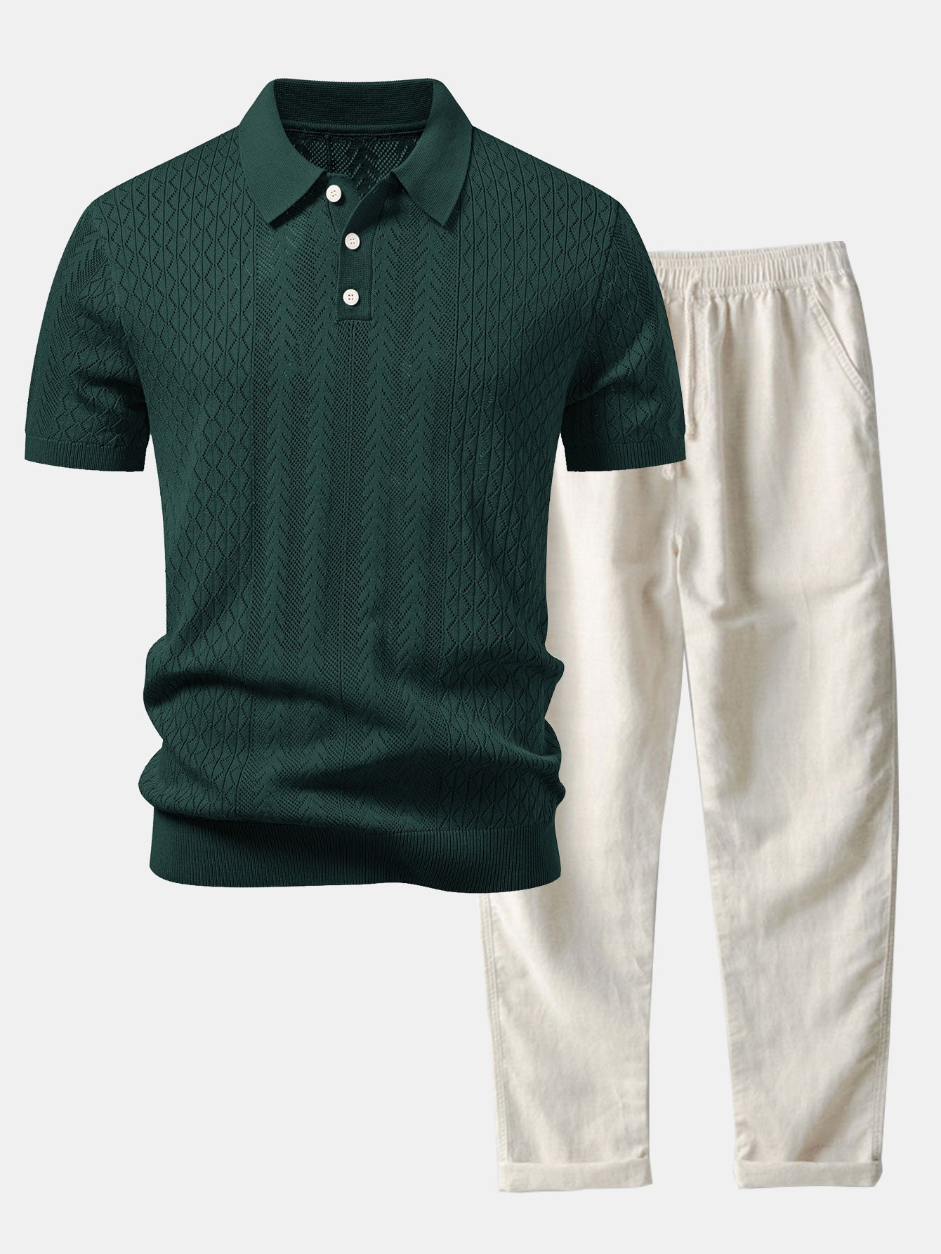Geometric Jacquard Open Knit Polo & Straight Leg Linen Pants