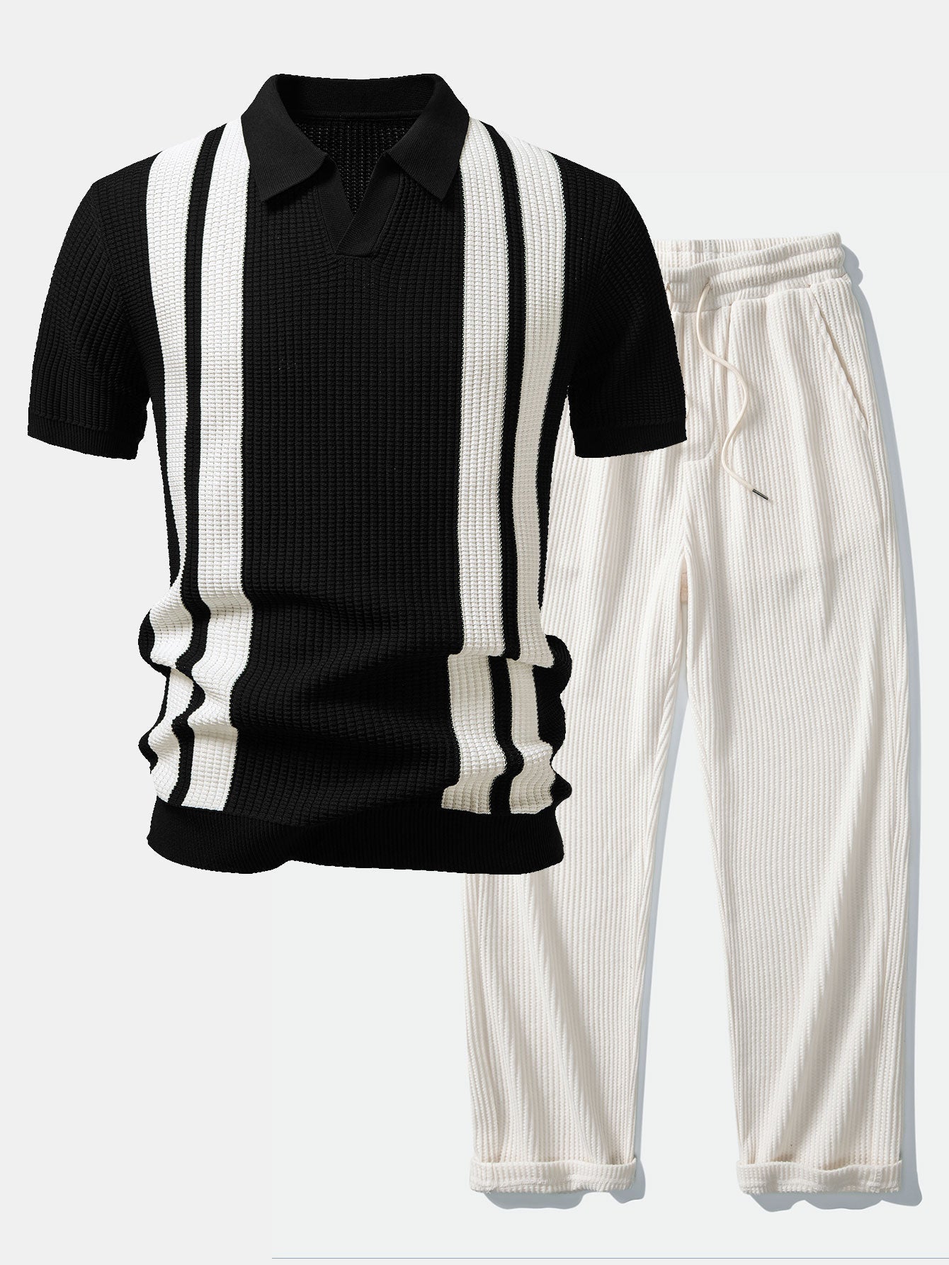 Stripe Johnny Collar Knit Polo & Drawstring Knitted Waffle Pants