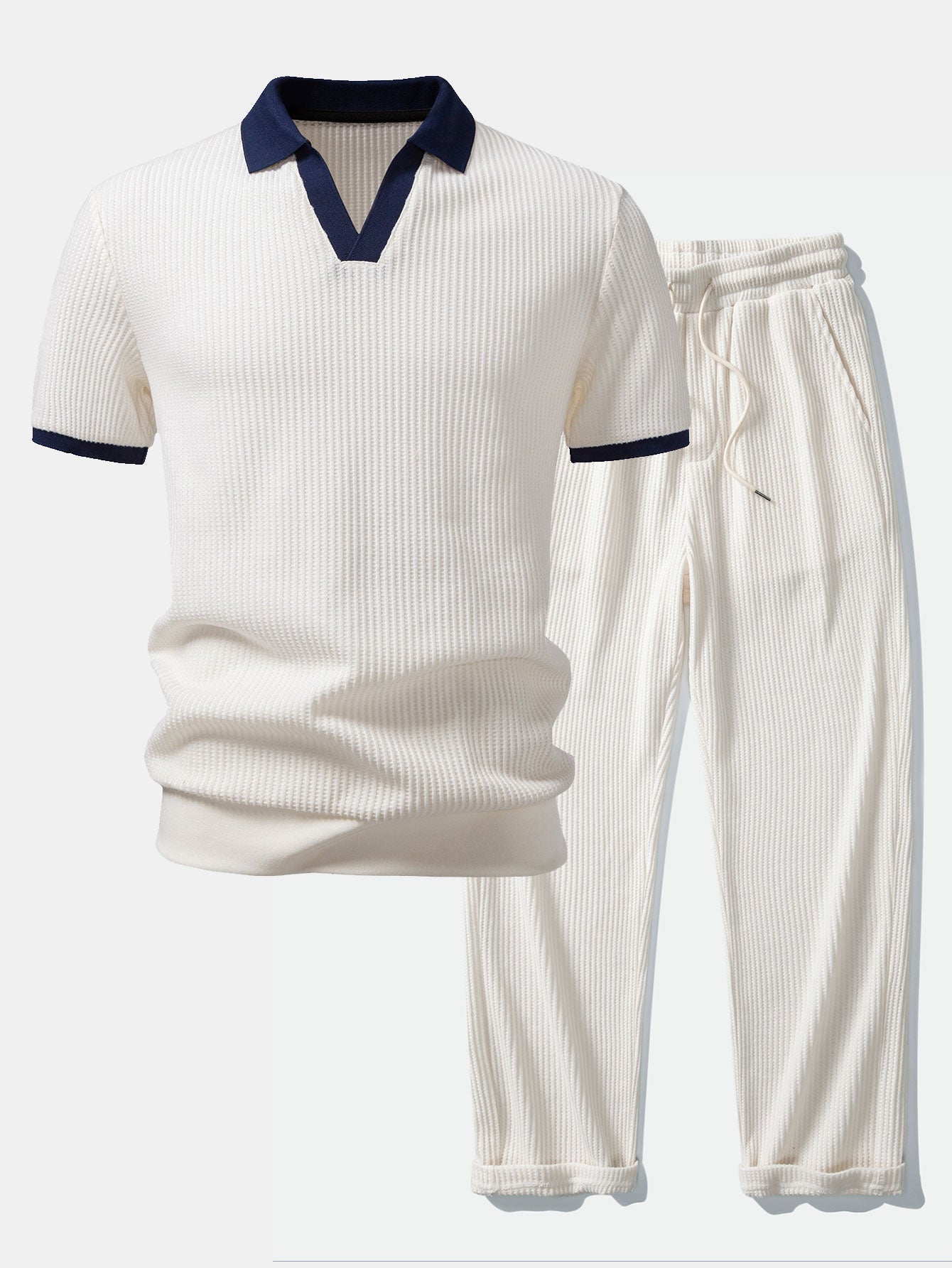 Contrast Knit Waffle Johnny Collar Polo & Drawstring Knitted Waffle Pants
