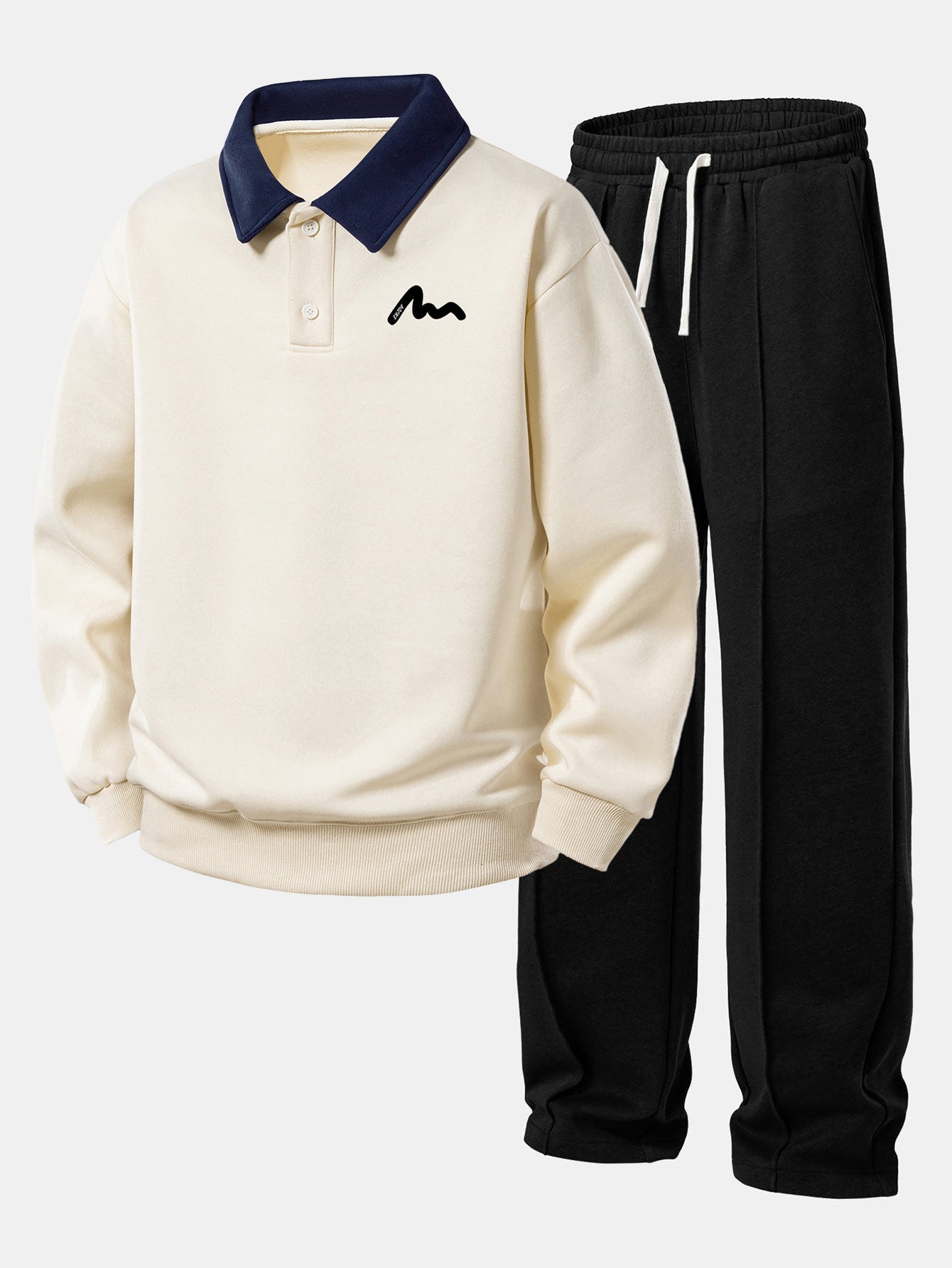 Relax Fit Letter Print Contrast Polo Sweatshirt & Straight Leg Pleated Pintuck Sweatpants