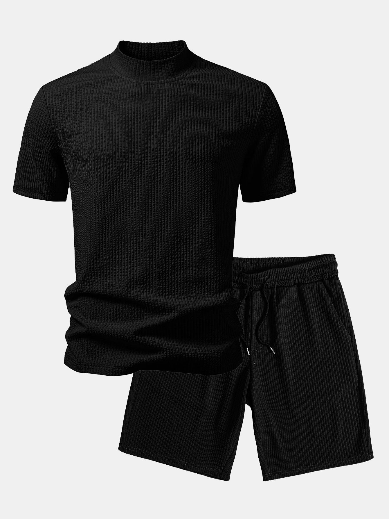 Ribbed Mock Neck T-Shirt & Drawstring Ribbed Shorts