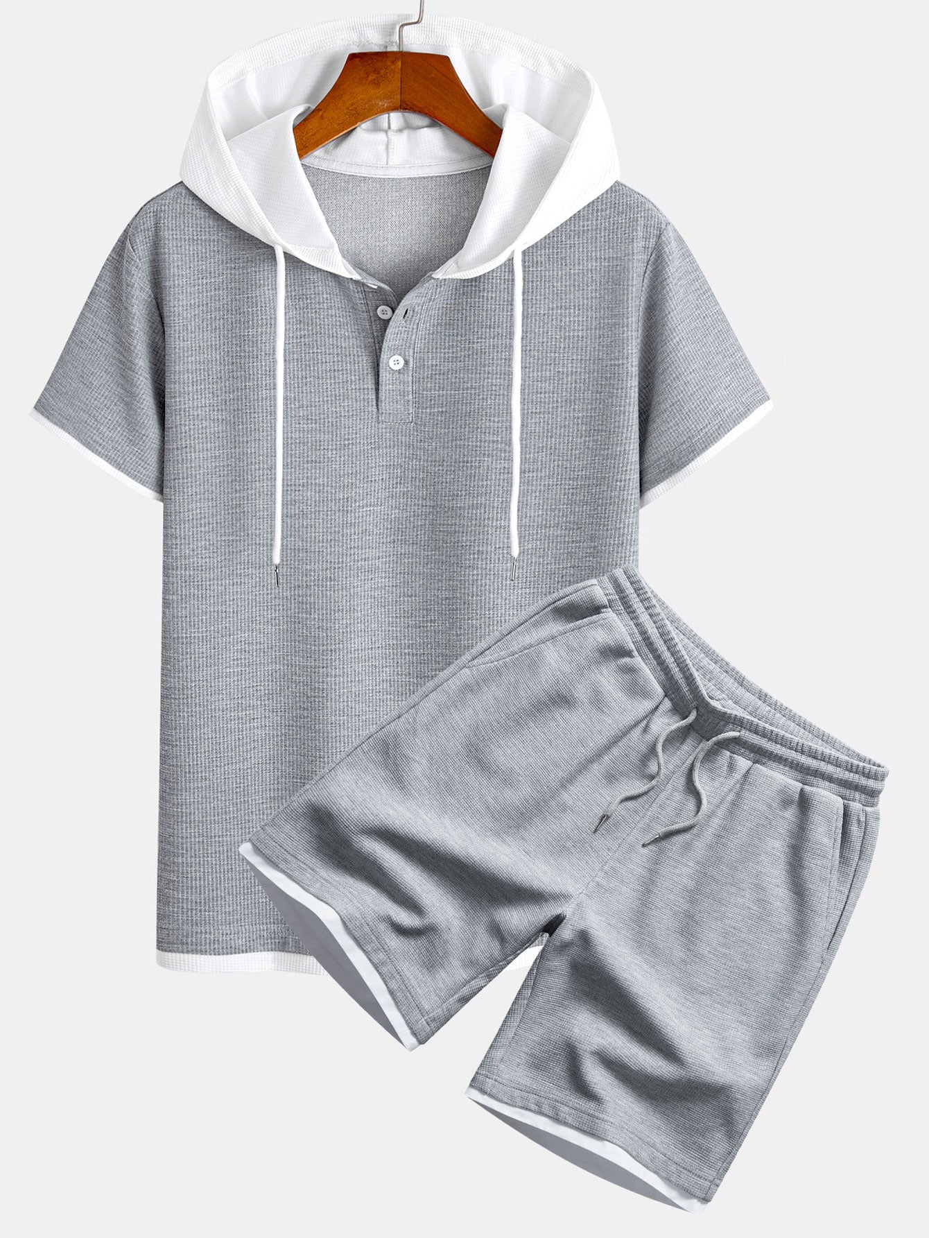 Contrast Button-Placket Waffle Hooded T-Shirt & 2 In 1 Waffle 7″ Shorts