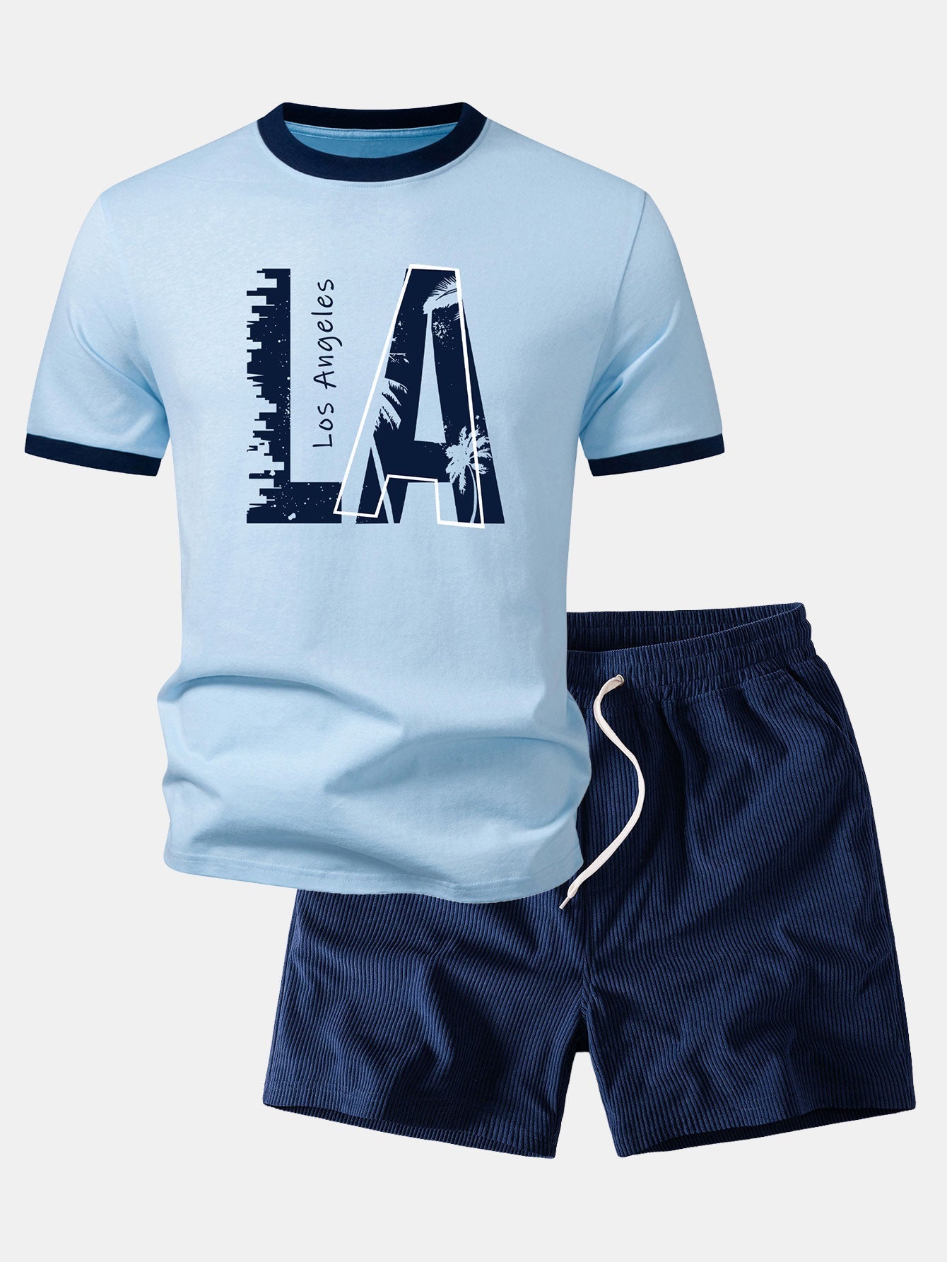 Los Angeles Print Contrast Ringer T-Shirt & 5" Drawstring Corduroy Shorts