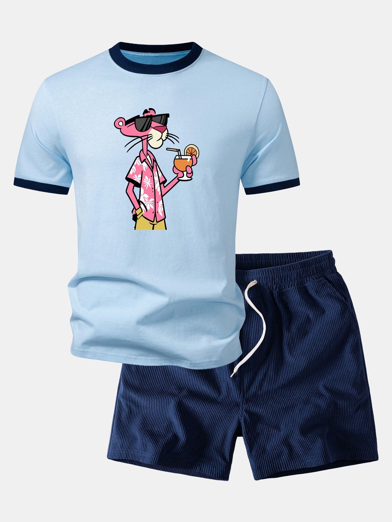 Vacation Pink Panther Print Contrast Ringer T-Shirt & 5" Drawstring Corduroy Shorts