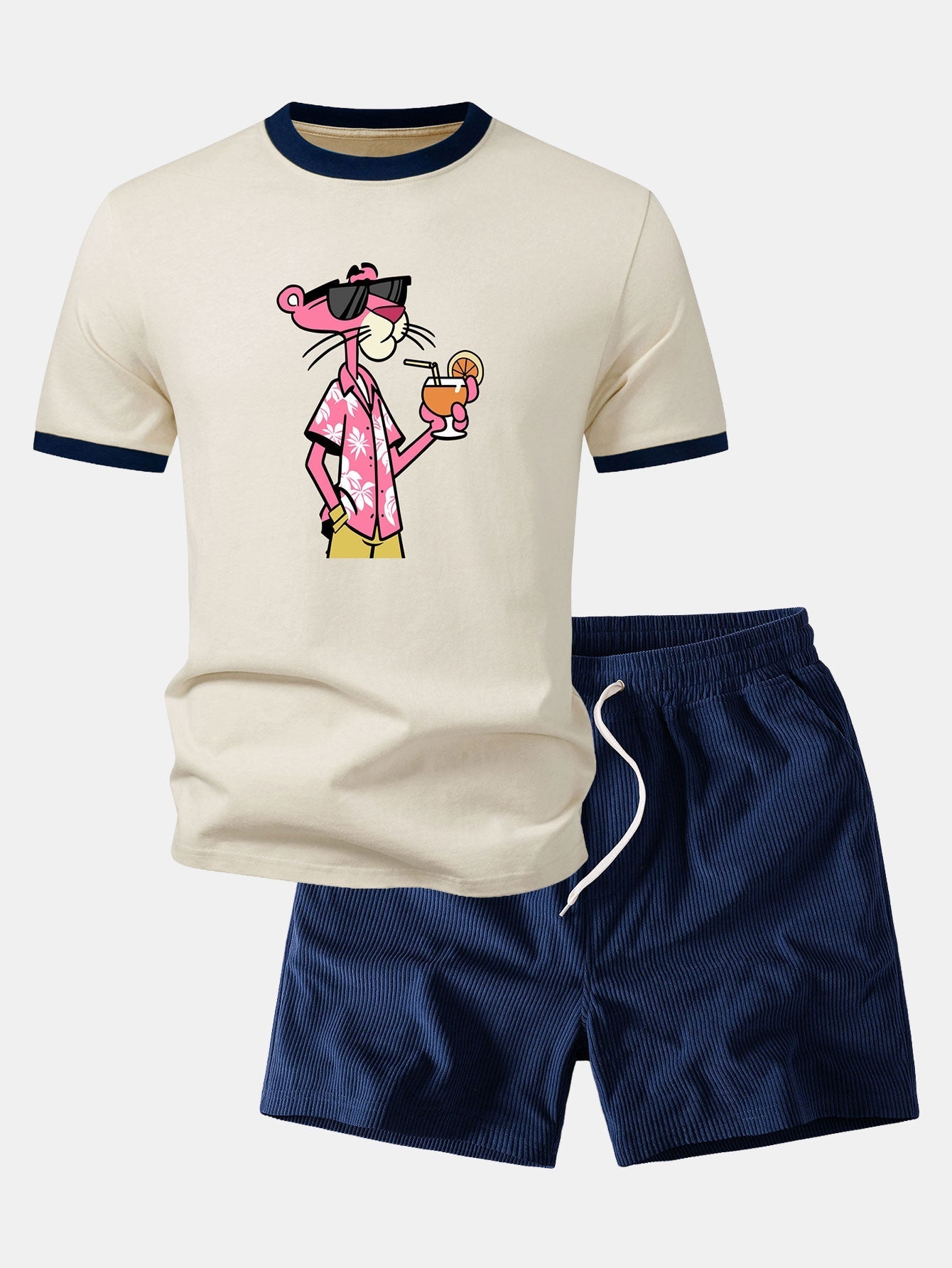 Vacation Pink Panther Print Contrast Ringer T-Shirt & 5" Drawstring Corduroy Shorts