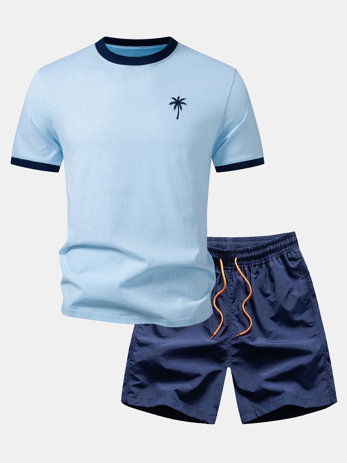 Palm Tree Print Contrast Ringer T-Shirt & Swim Shorts