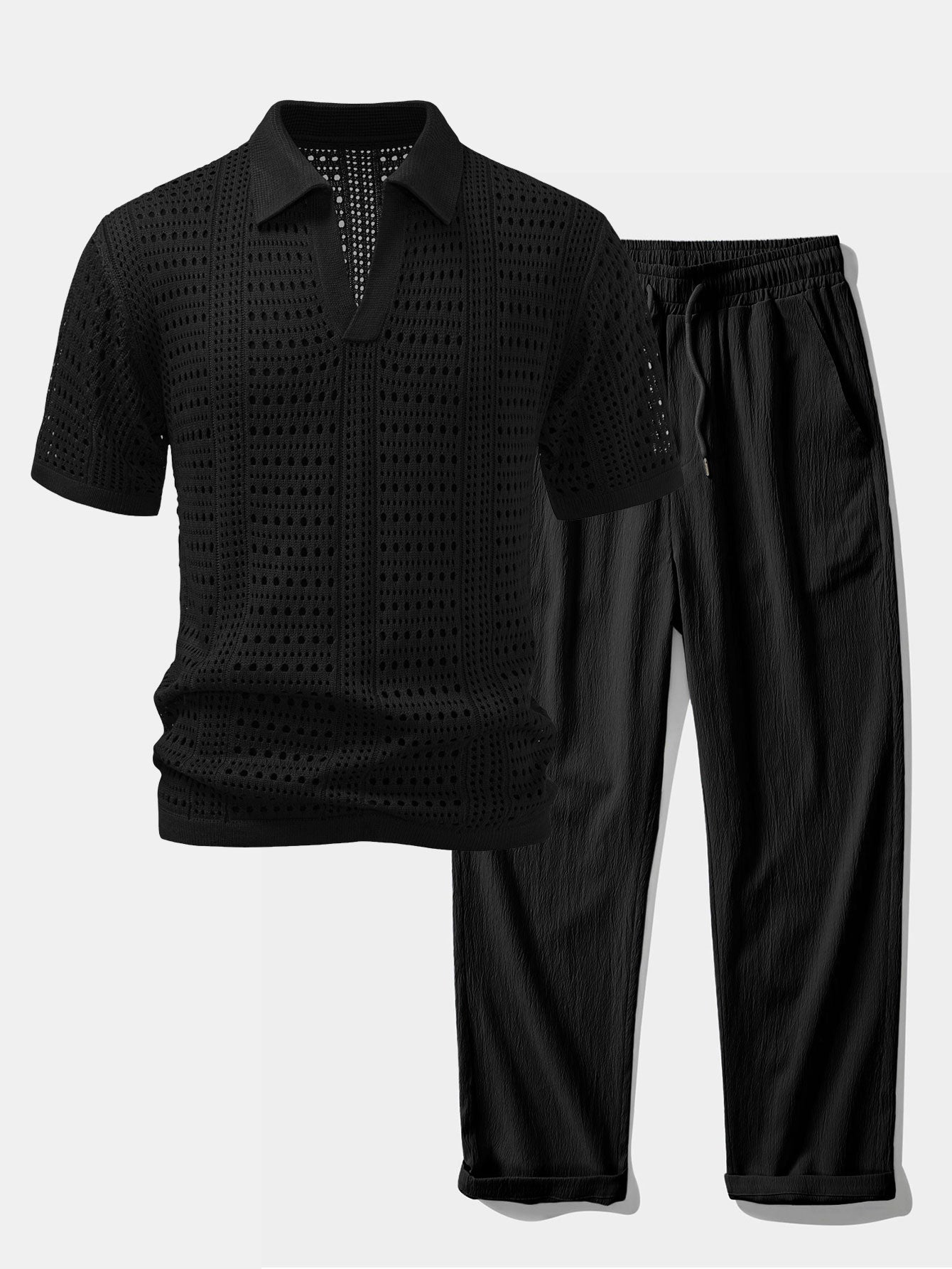 Crochet V Neck Polo Shirt & Crinkle Textured Straight Leg Pants