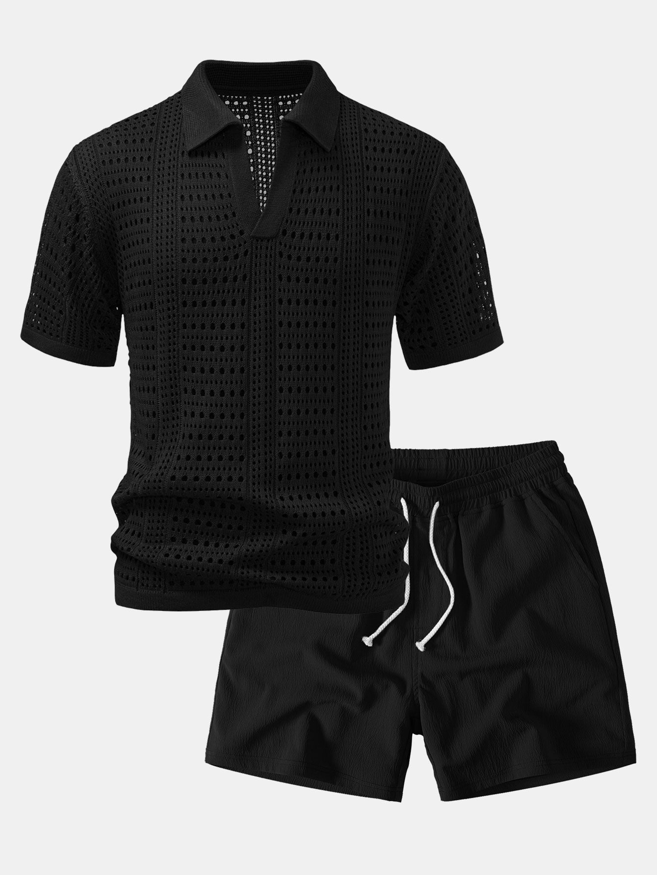 Crochet V Neck Polo Shirt & Crinkle Textured Drawstring 5" Shorts