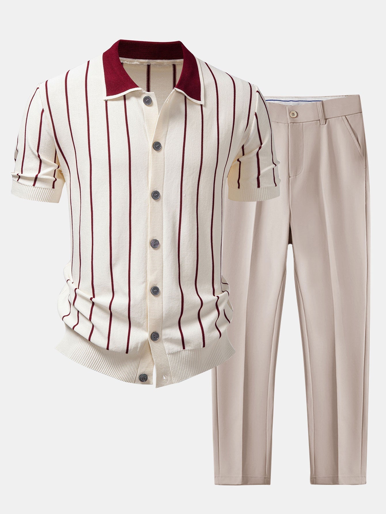 Stripe Button Up Knit Shirt & Slim Fit Tapered Trousers