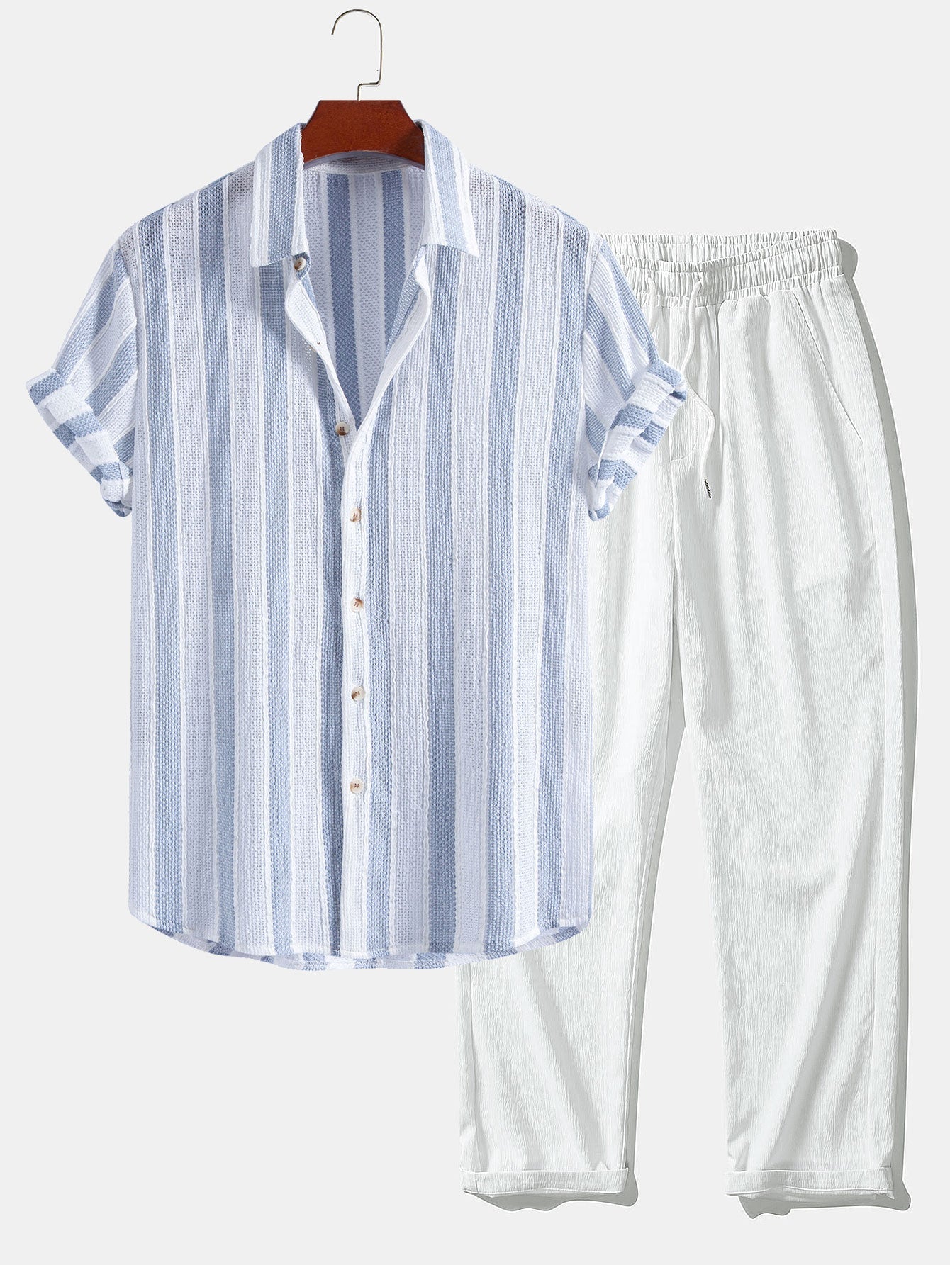 Textured Striped Button Up Shirt & Crinkle Textured Straight Leg Pants