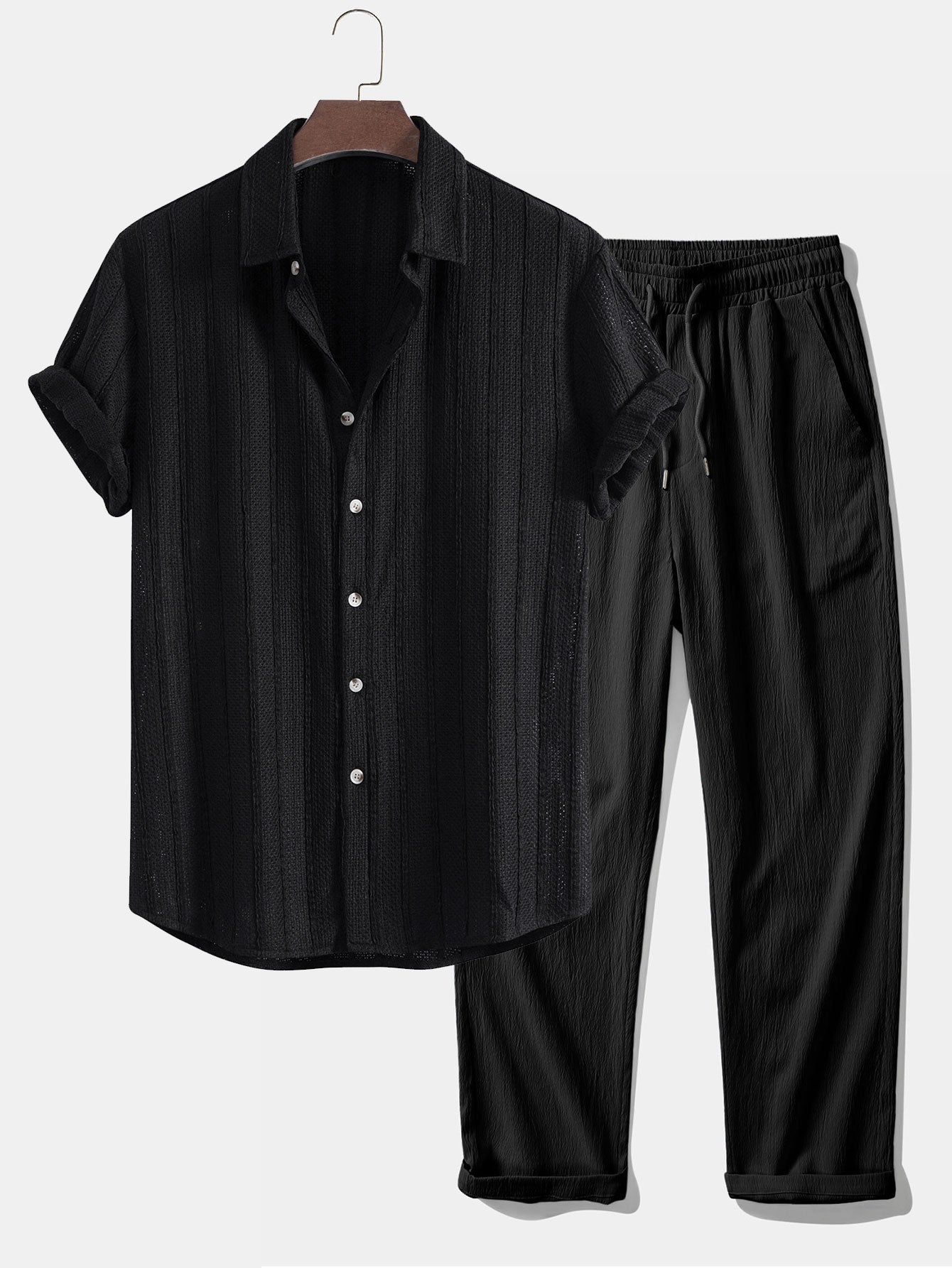 Textured Striped Button Up Shirt & Crinkle Textured Straight Leg Pants