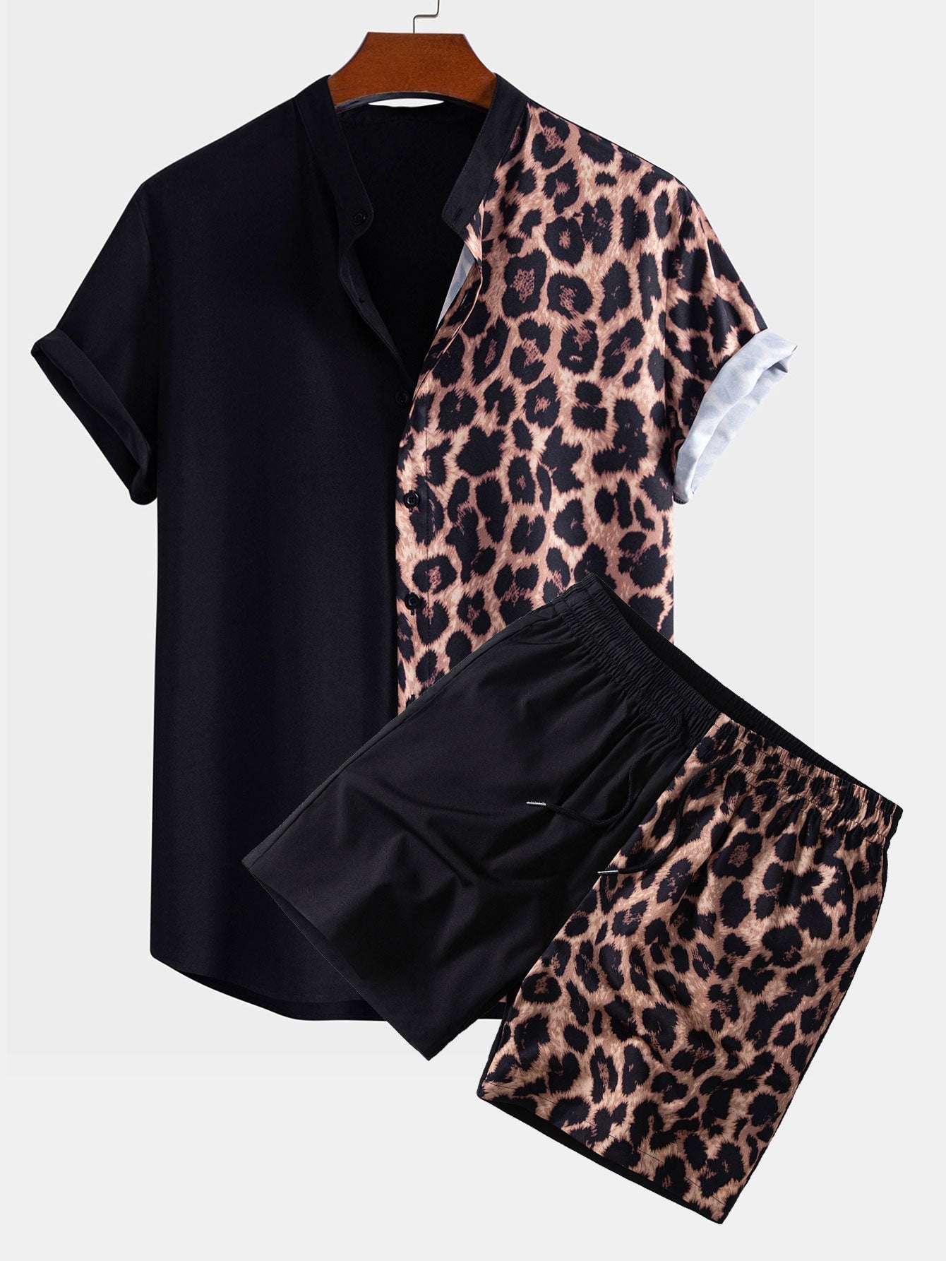 Leopard Patchwork Stand Collar Shirt & Leopard Print Patchwork 6" Shorts