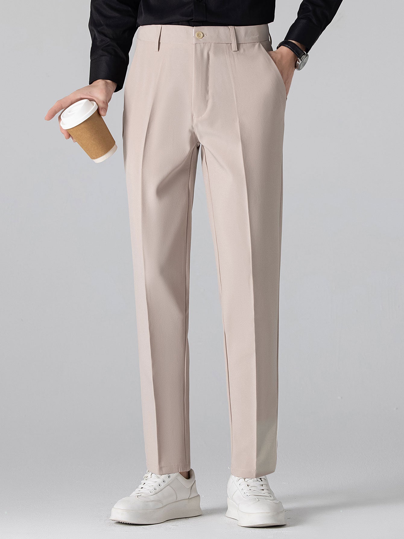 Stripe Button Up Knit Shirt & Slim Fit Tapered Trousers