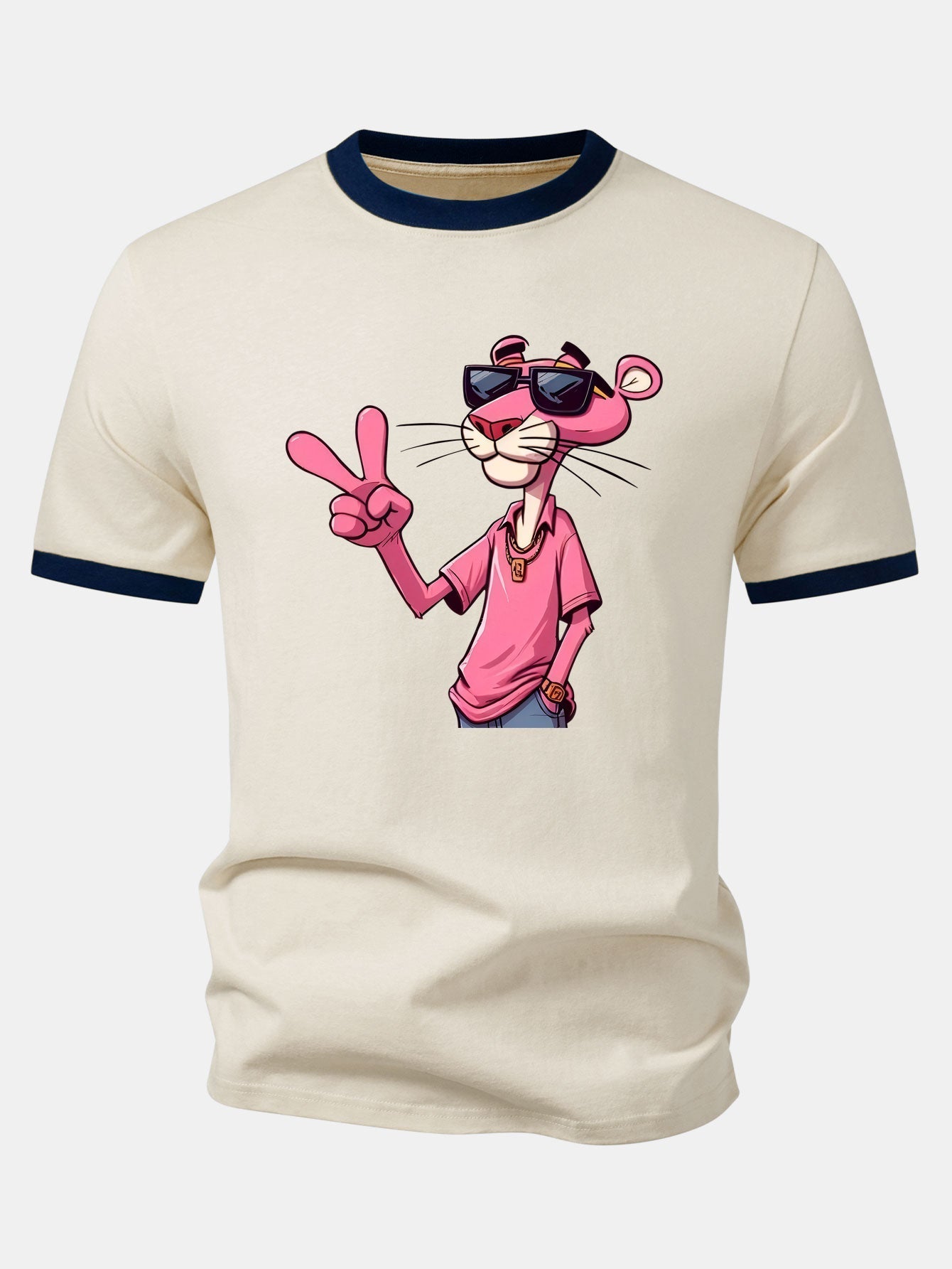 Pink Panther With V Sign Print Contrast Ringer T-Shirt & 5" Drawstring  Corduroy Shorts