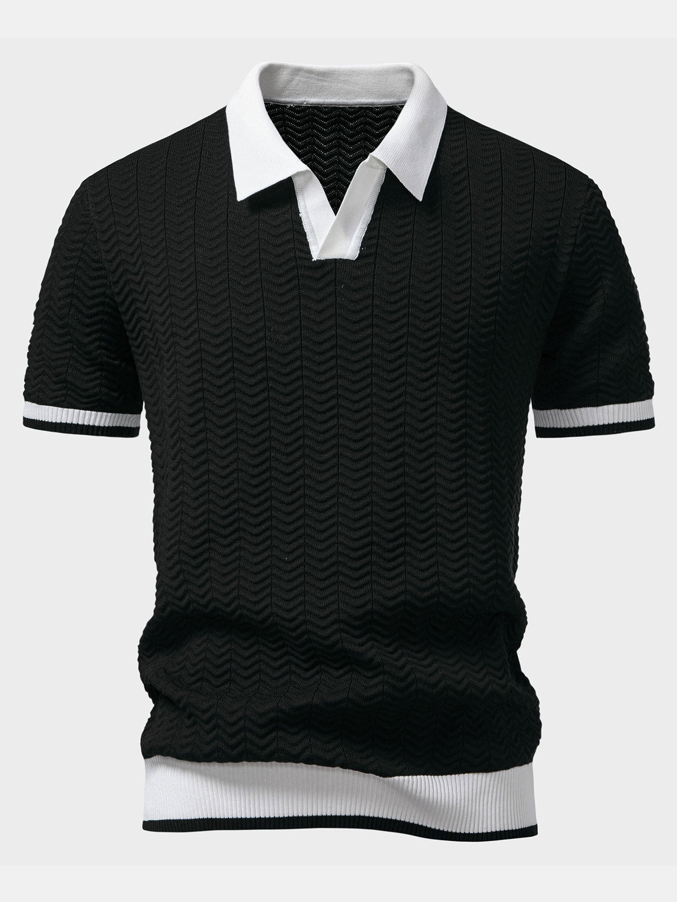 Texture Contrast Knitted V Neck Polo Shirt & Elastic Waist Chino Shorts
