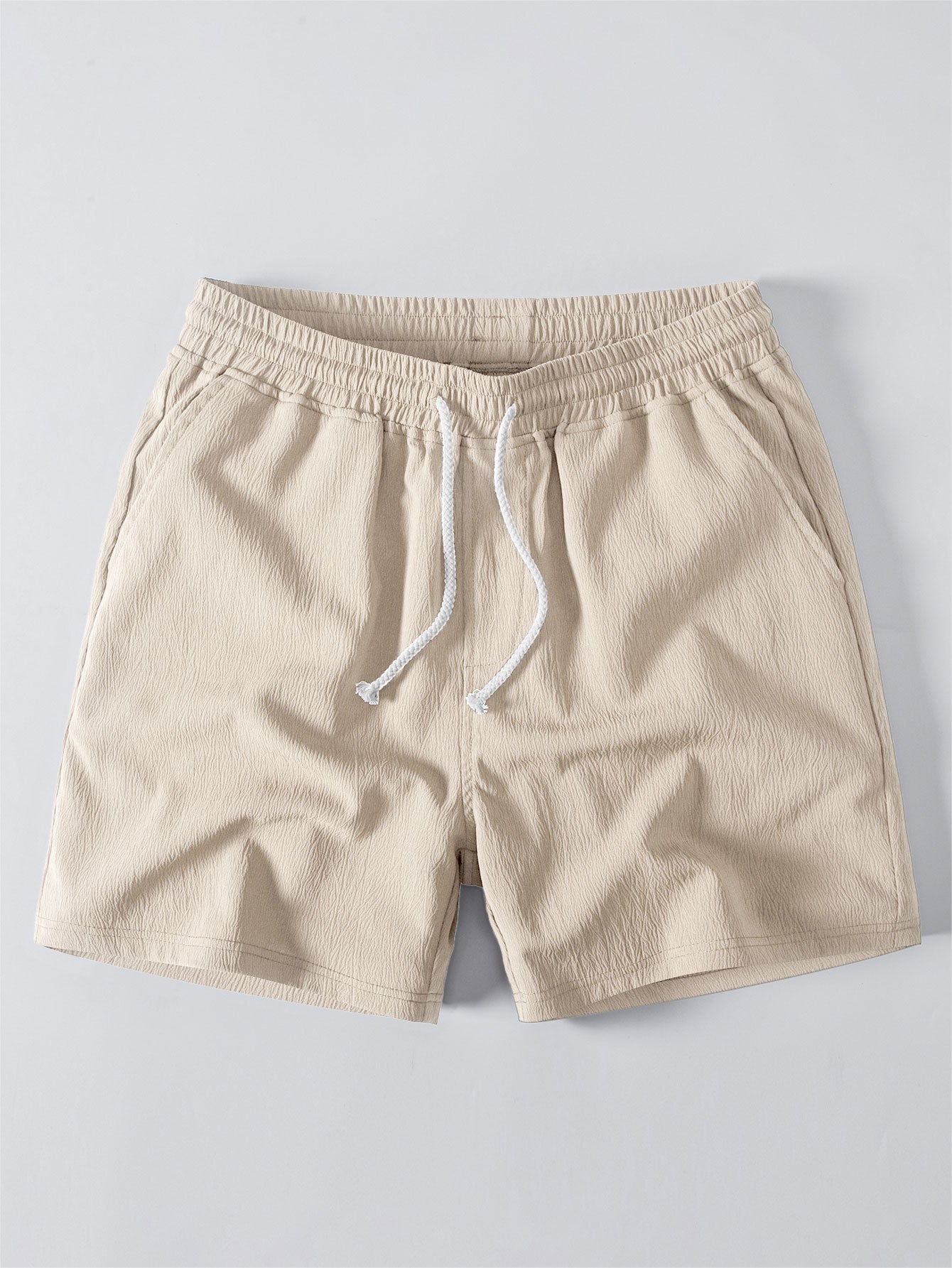 Cotton Blend Striped Button Up Shirt & Crinkle Textured Drawstring 5" Shorts